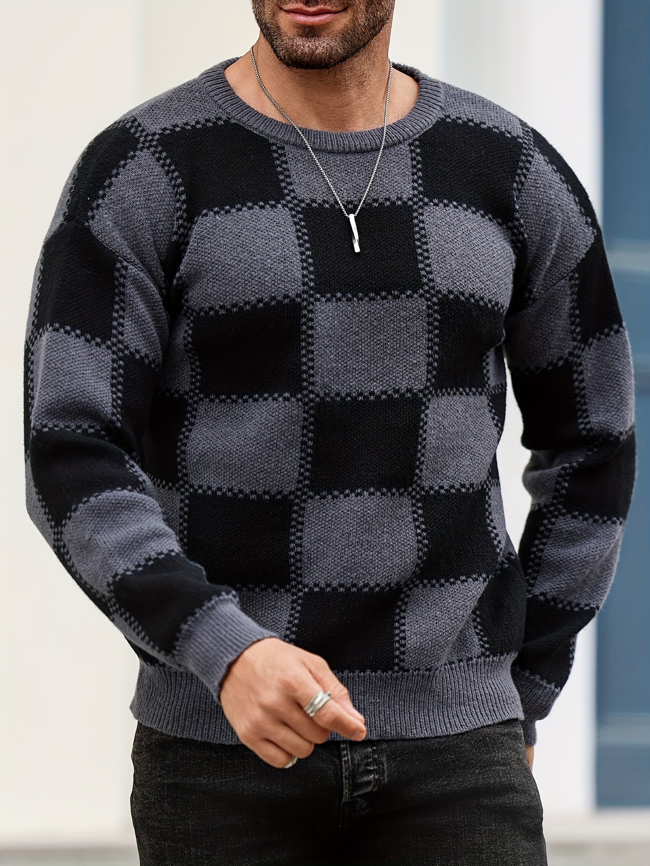 Men's Color Blocking Textured Checked Print Casual Trendy Sweater, Long Sleeve Pullover As Gift For Fall And Winter