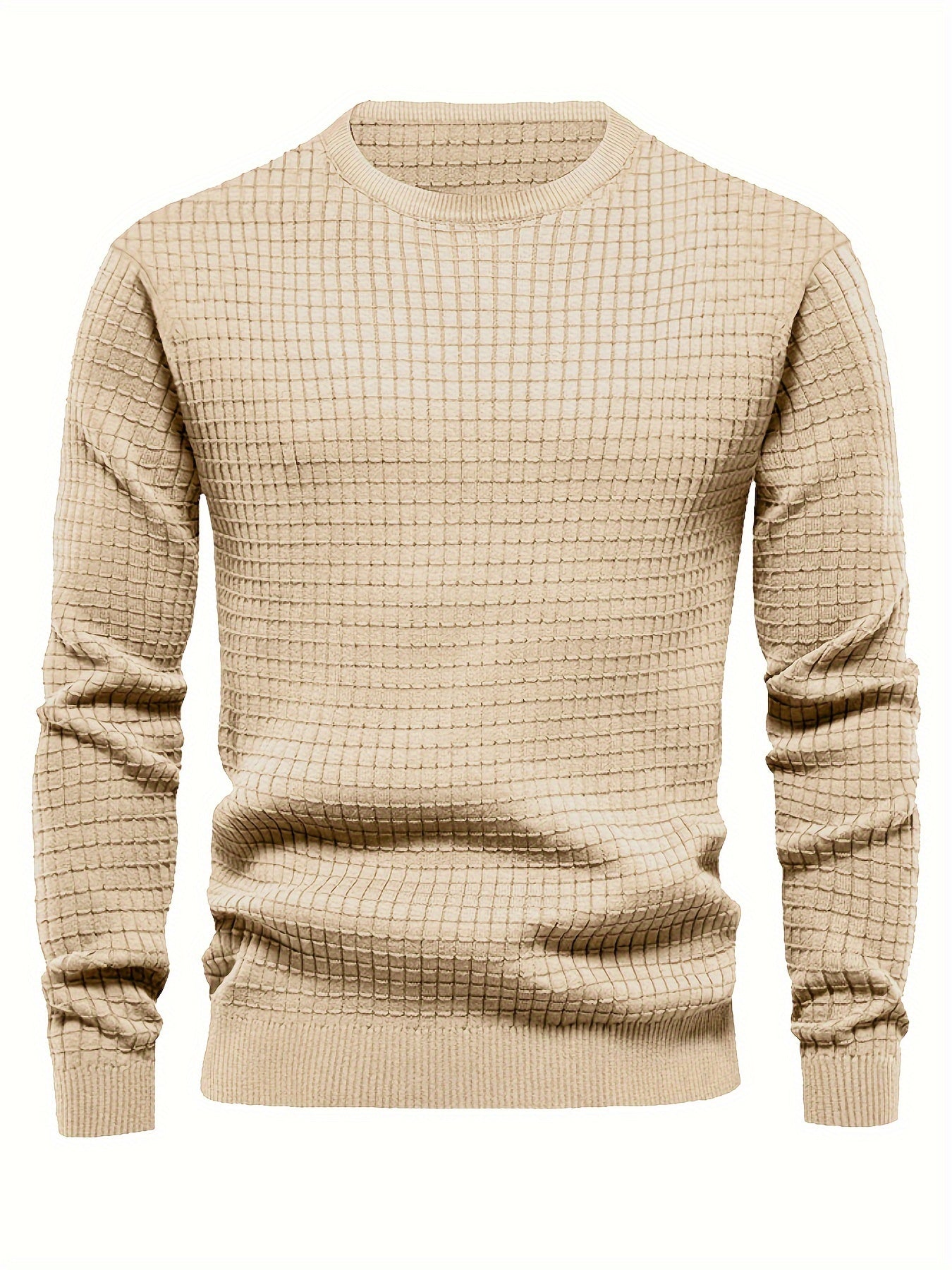 Cozy Waffle Knit Sweatshirt - Men's Casual Stretch Crew Neck Pullover for Autumn Winter - Soft, Breathable, and Comfortable