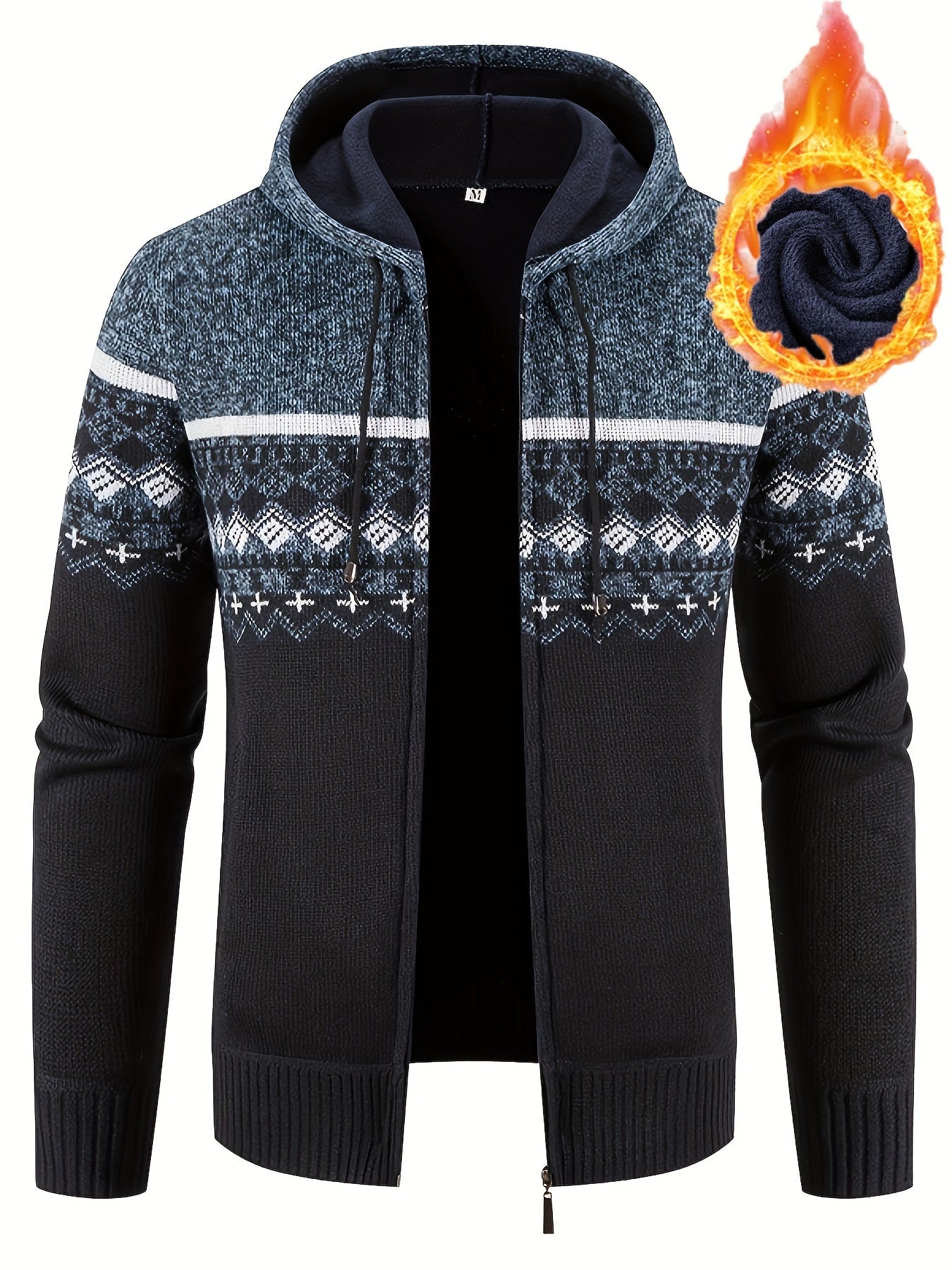 All Match Knitted Color Block Design Hooded Cardigan, Men's Casual Warm Slightly Stretch Zip Up Jacket For Fall Winter