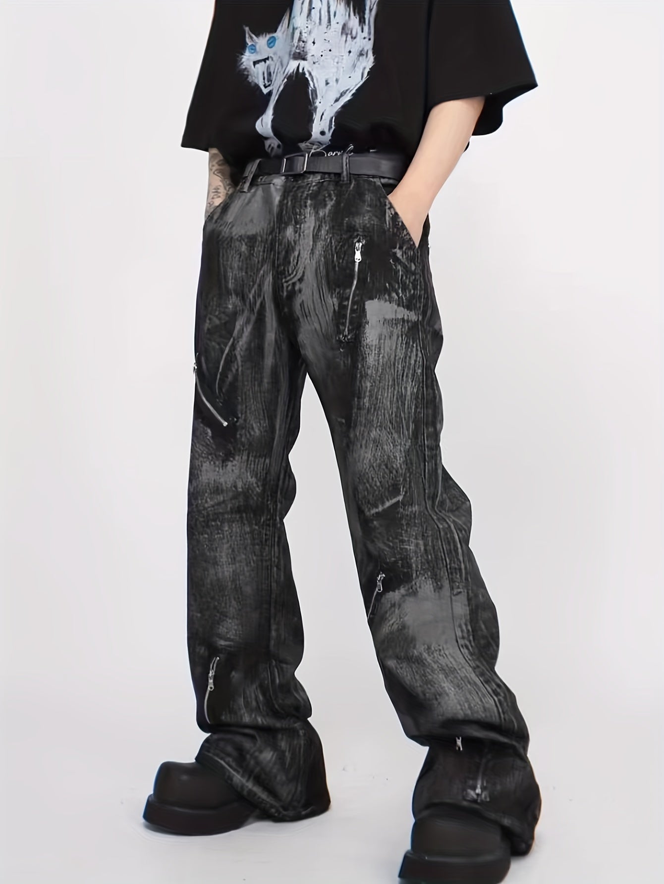 Men's Stylish Loose Fit Wide Leg Denim Pants With Distressed Design, Men's Street Style Comfy Jeans With Zippered Pockets