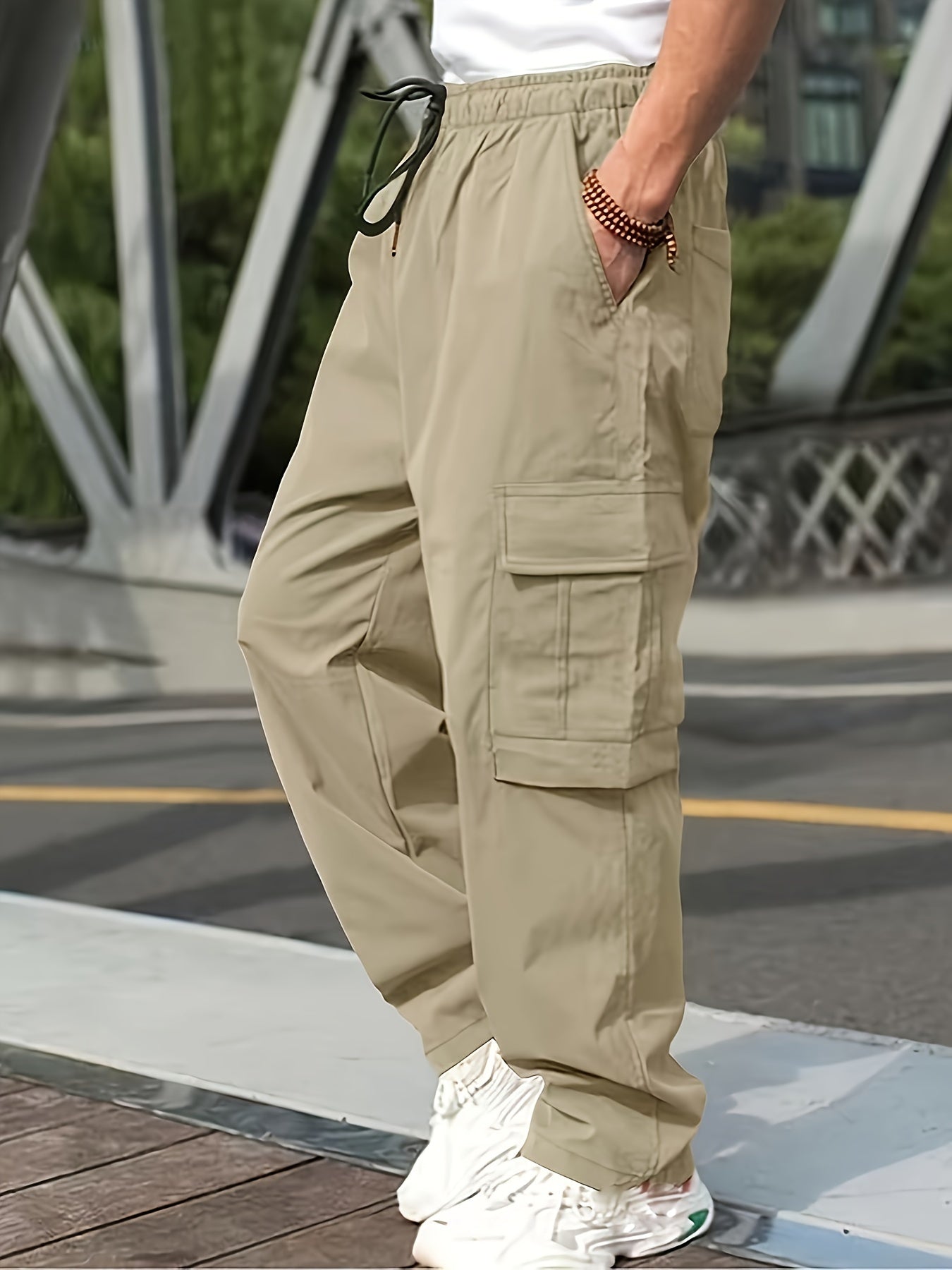 Mens Cargo Pants with Elastic Drawstring - Spacious Pockets, Loose Fit & Trendy Solid Color - Perfect for Casual Style