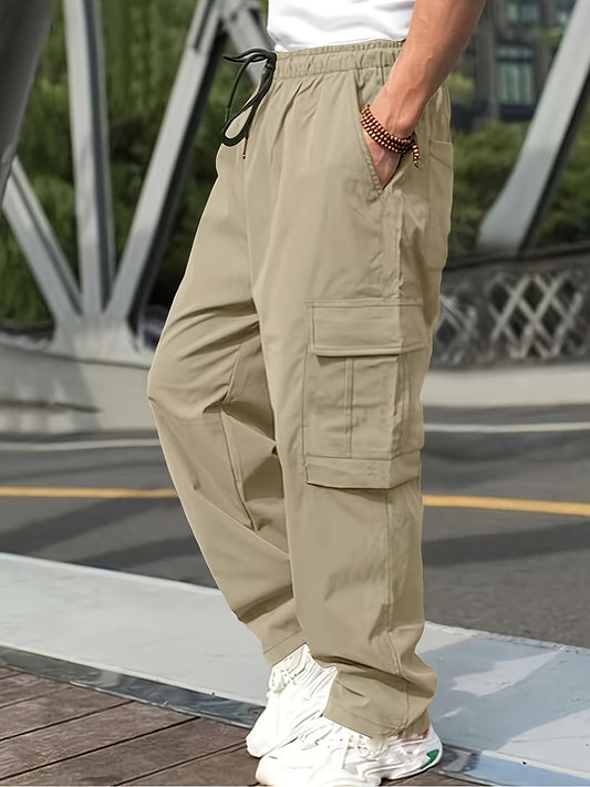 Mens Cargo Pants with Elastic Drawstring - Spacious Pockets, Loose Fit & Trendy Solid Color - Perfect for Casual Style