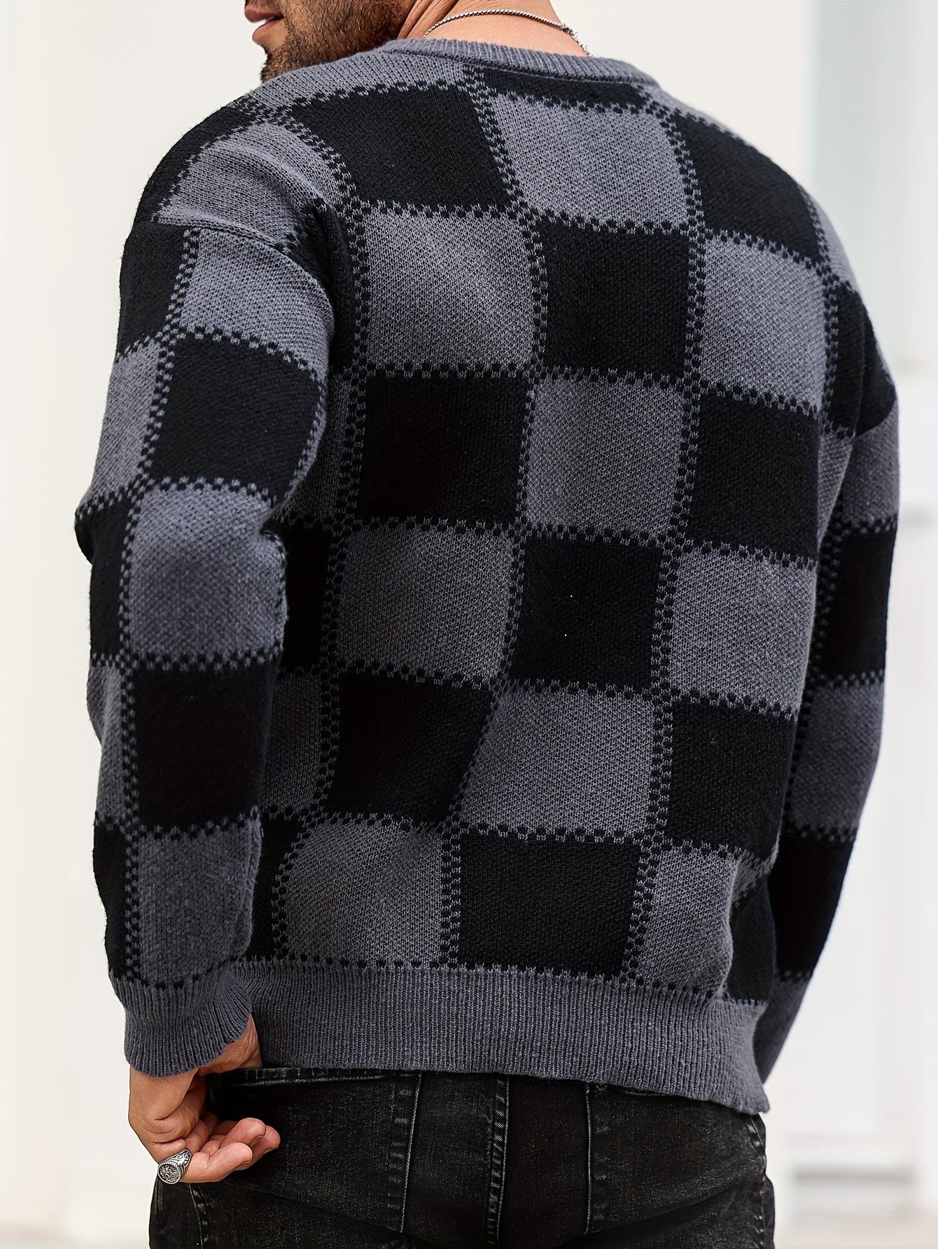 Men's Color Blocking Textured Checked Print Casual Trendy Sweater, Long Sleeve Pullover As Gift For Fall And Winter