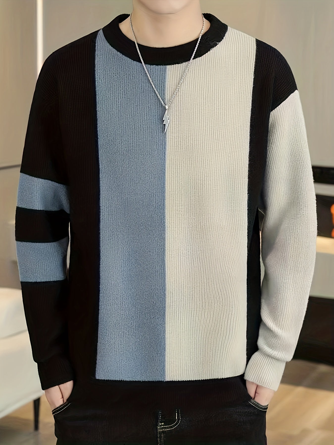 All Match Knitted Color Block Sweater, Men's Casual Warm Slightly Stretch Crew Neck Long Sleeve Pullover Sweater For Men Fall Winter