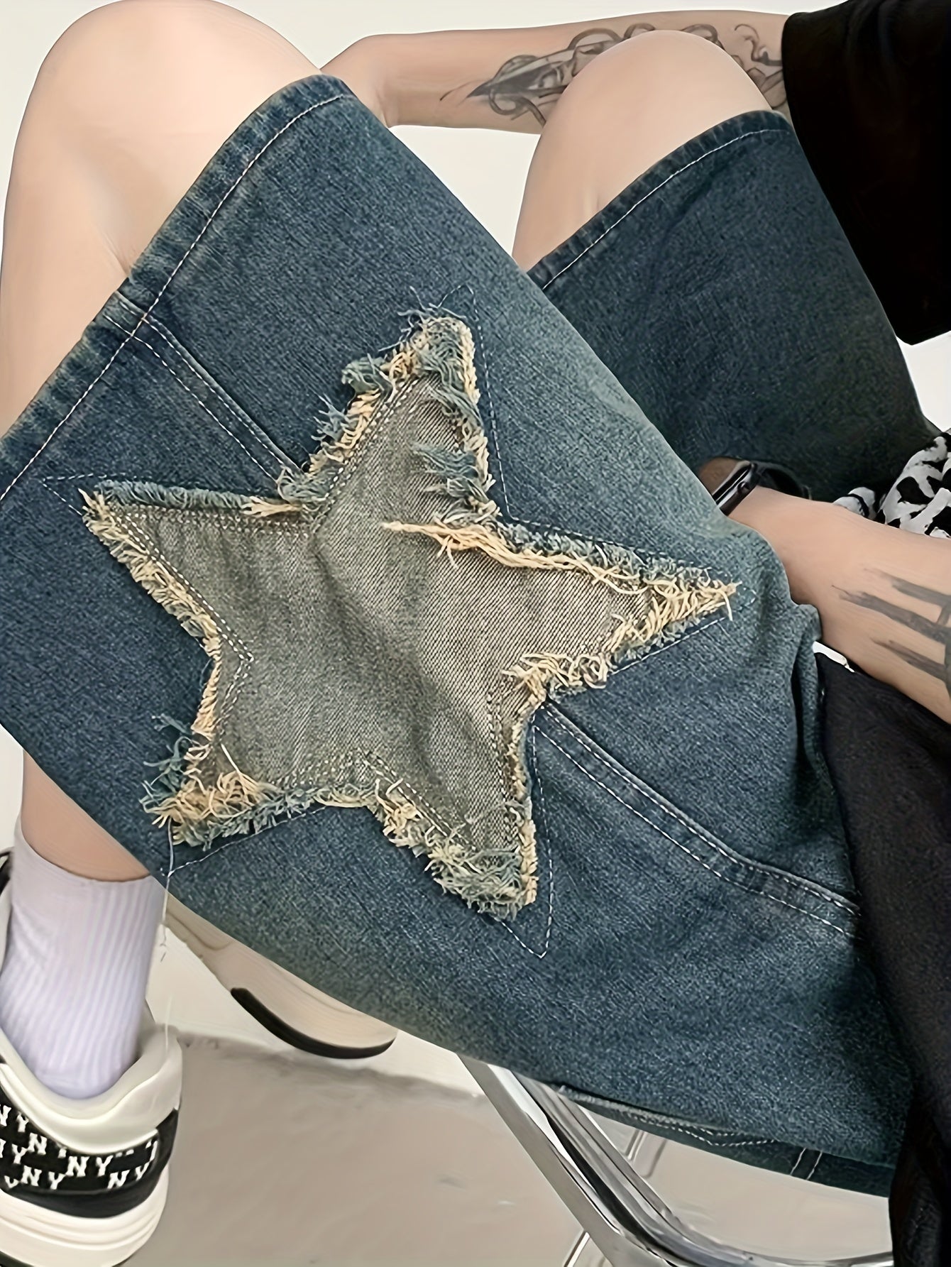 Fashion Embroidery Detail, Men's Casual Loose Fit Denim Shorts, Knee-Length Jorts With Pockets, Summer Street Style Fashion