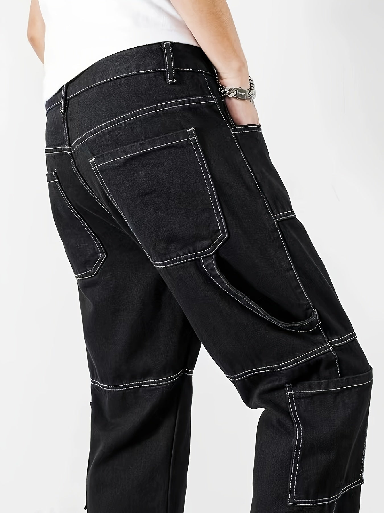 Mens Trendy Geometric Denim Jeans - Loose Fit, Comfortable Cotton Blend, Multiple Pockets, Perfect for Casual Outdoor Adventures