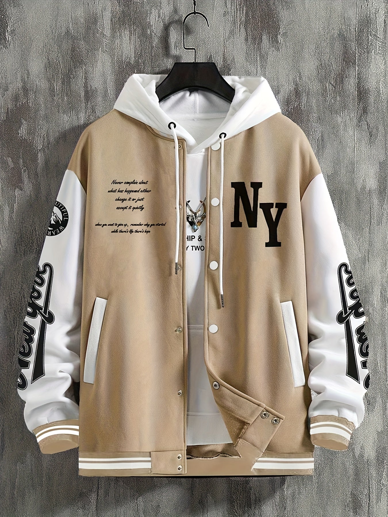 Men's Color Block Varsity Jacket, Casual Bomber Jacket With Striped Trim & Letter Embroidered Design, Comfortable Fit Outerwear