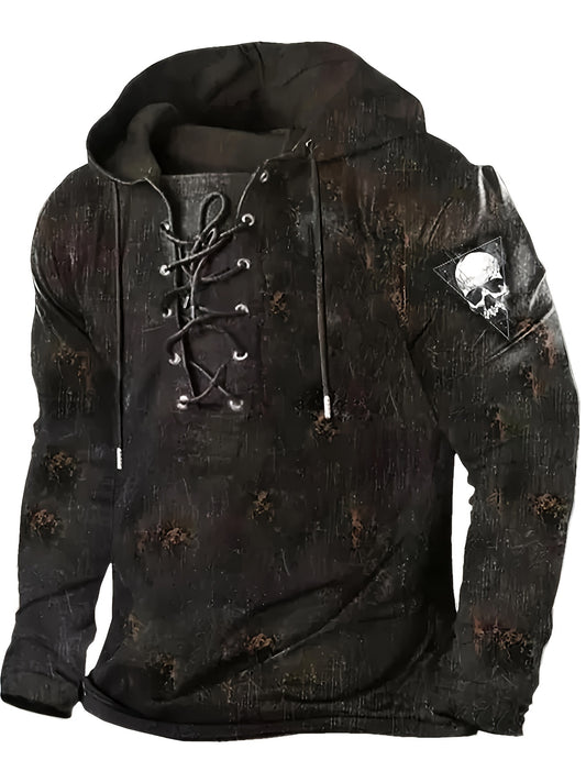 Mens Gothic Hoodie - Fashion Hoodies with Retro Lace Up Design, Casual Graphic Print, Streetwear Style for Winter Fall, Great Gift Idea