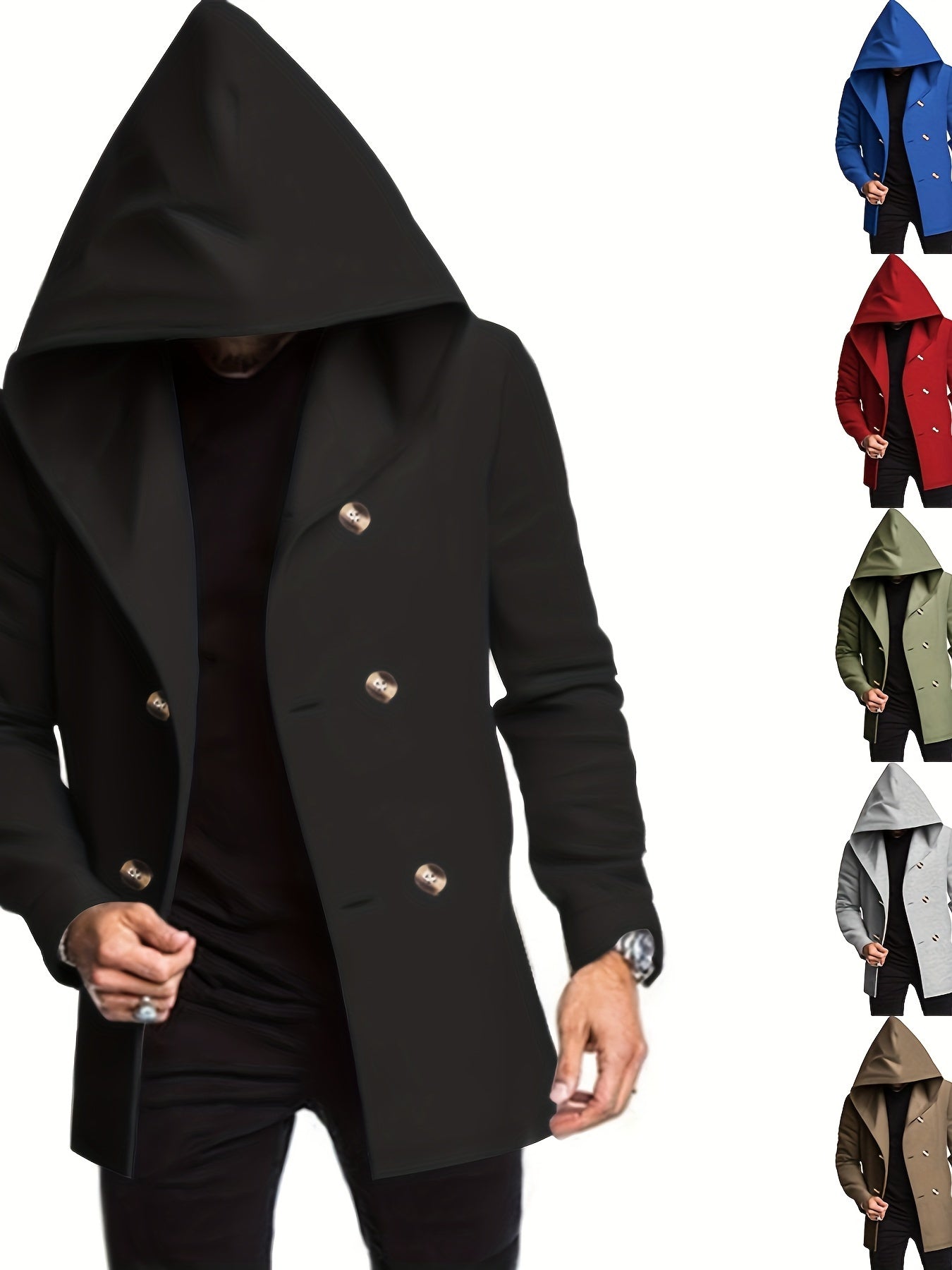 Men's Stylish Mid-Length Hooded Trench Coat - Soft Cotton Blend Knit Fabric with Slight Stretch for Comfort, Solid Color Long Sleeve Outerwear with Classic Button Details and Adjustable Cuffs for Spring/Fall Season