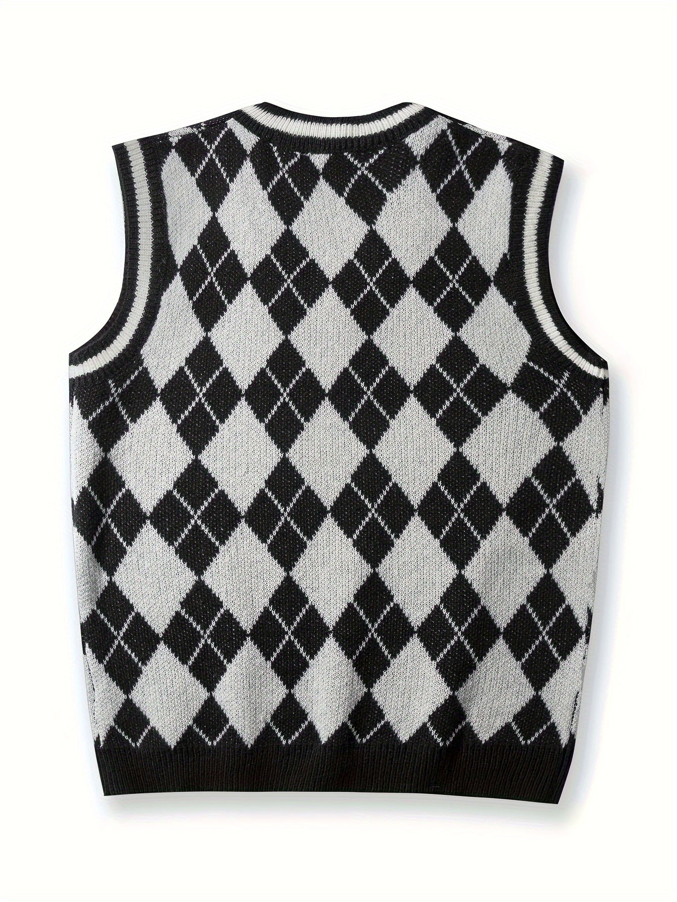 Rhombus Pattern High Stretch Knitted Vest, Men's Casual Vintage Style V Neck Vest For Fall Winter, K-pop