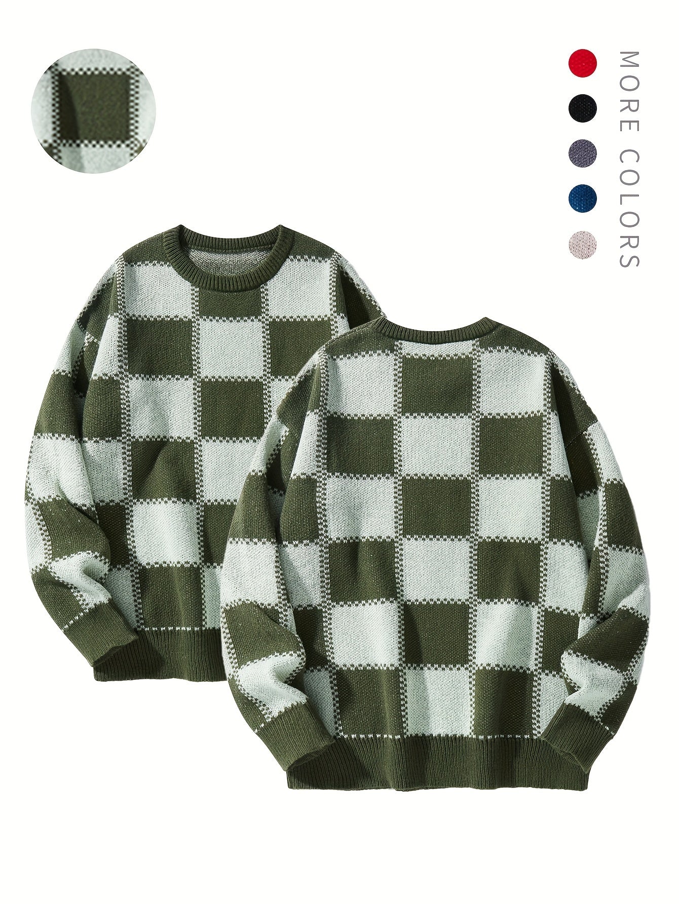 Men's Checkerboard Knitted Sweater - Warm And Stretchy Casual Pullover For Fall And Winter