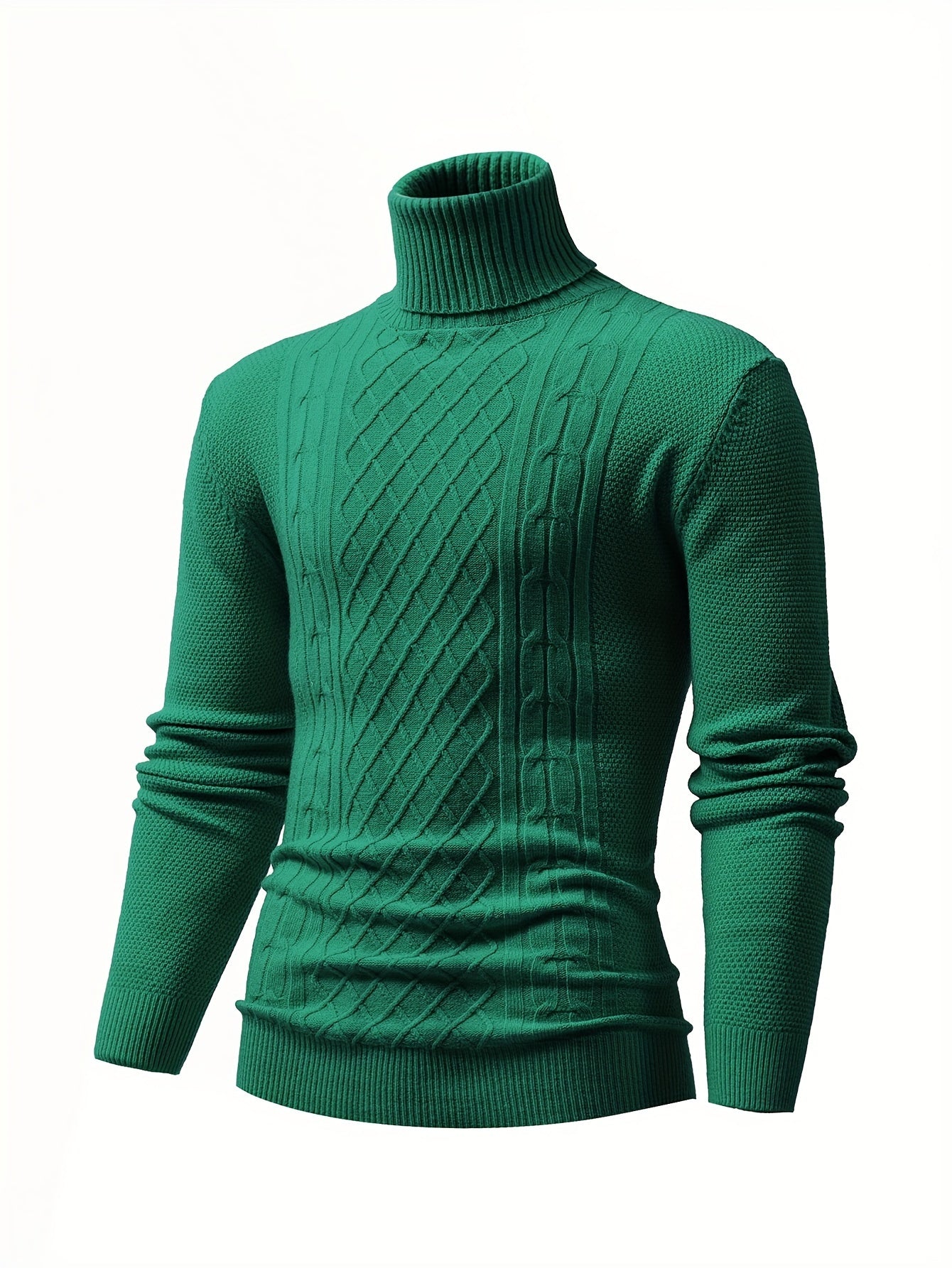 Turtle Neck Knitted Cable Sweater, Men's Casual Warm Solid High Stretch Pullover Sweater For Fall Winter