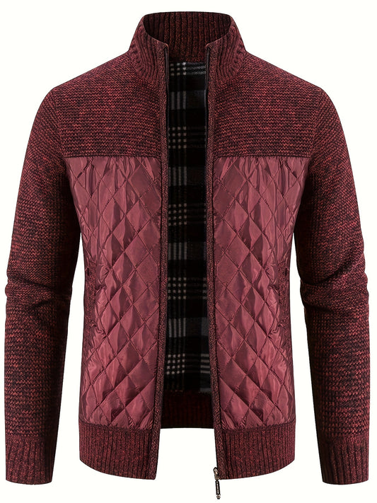 Men's Warm Sweater Casual Quilted Jacket, Stand Collar Jacket Coat For Fall Winter