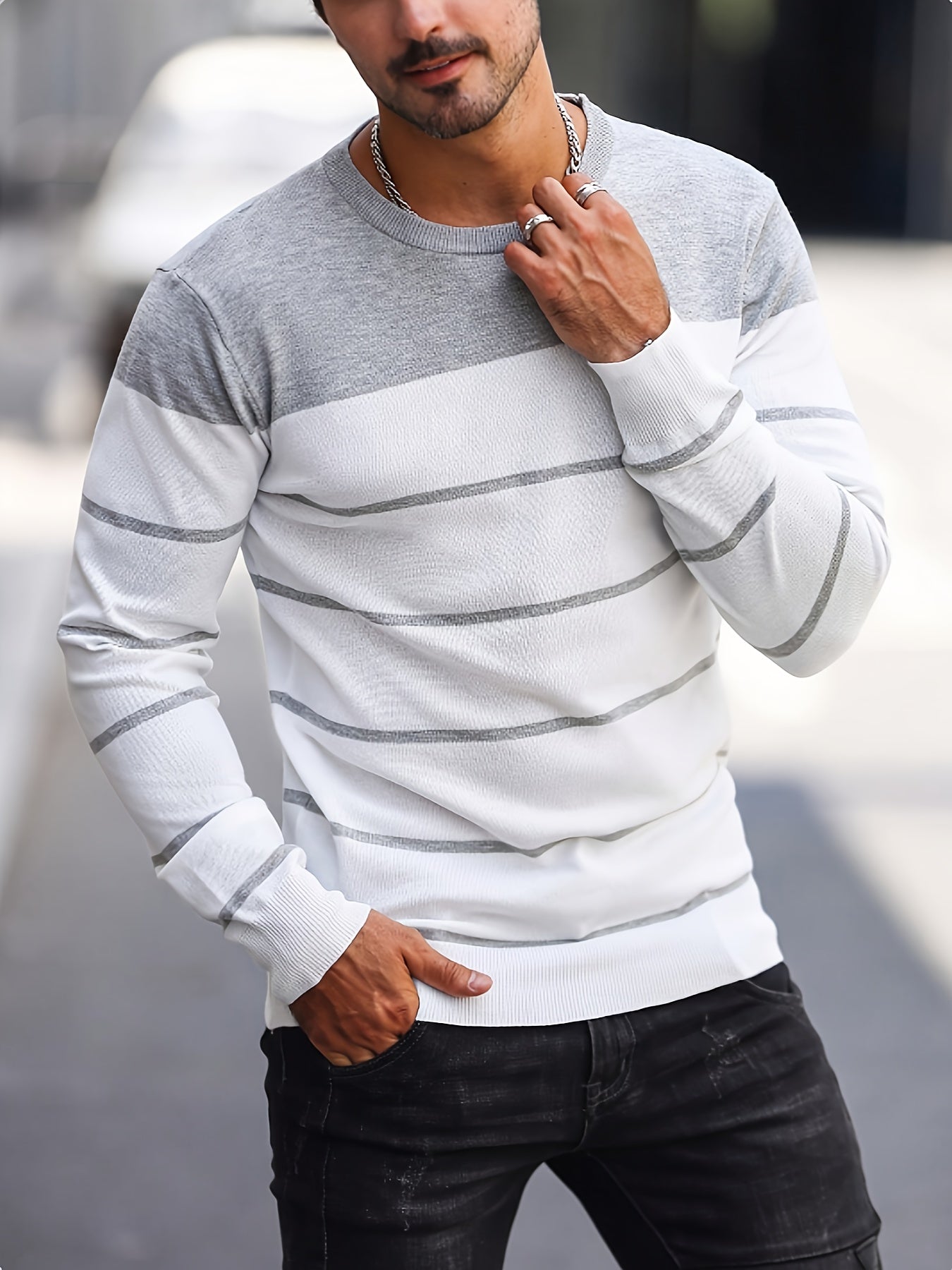 Men's Striped Knitted Pullover, Casual Long Sleeve Crew Neck Sweater For Fall Spring