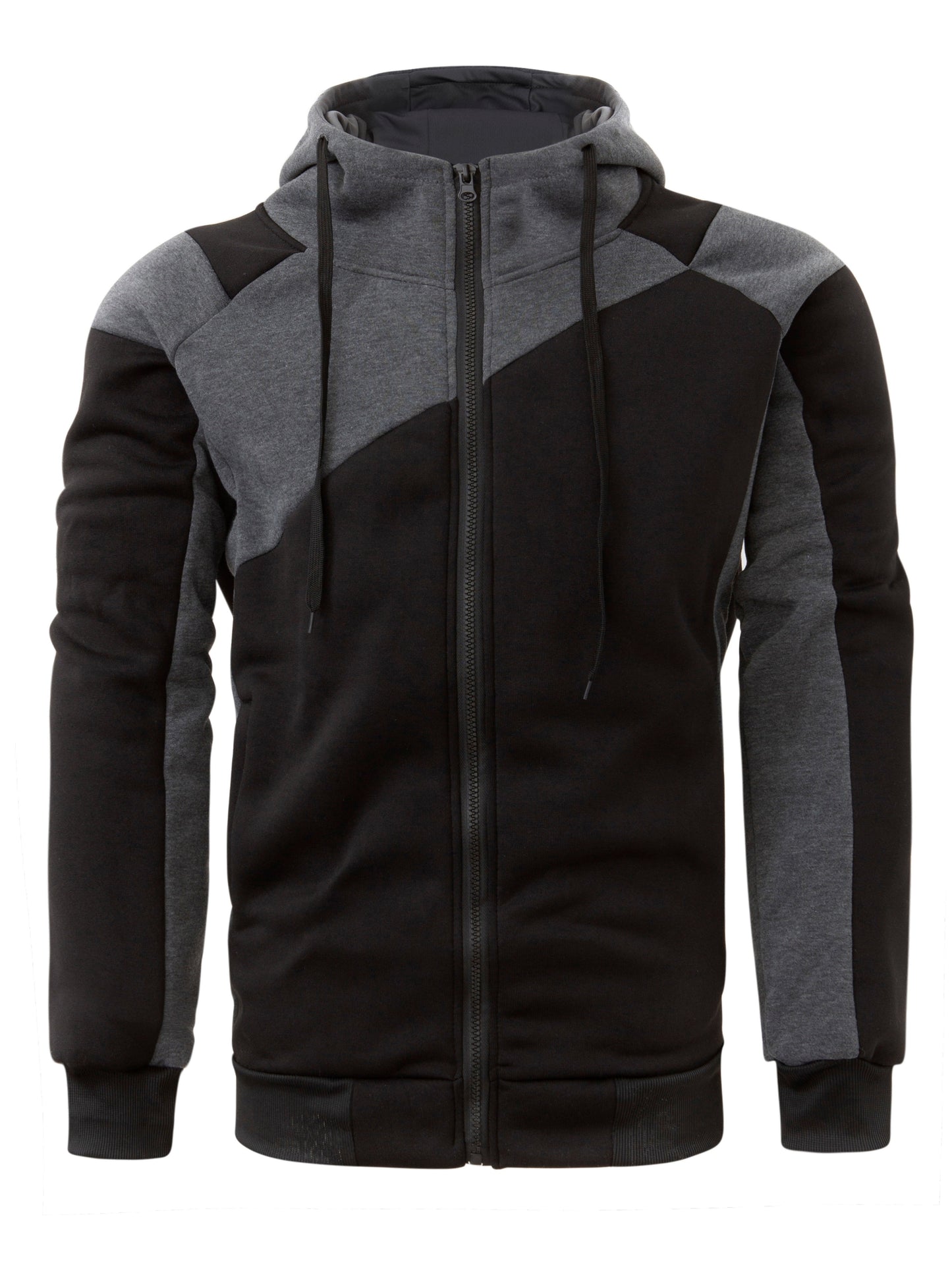 Long Sleeves Men's Color Block Fleece Sweatshirt with Pockets, Zipper Hooded Drawstrings