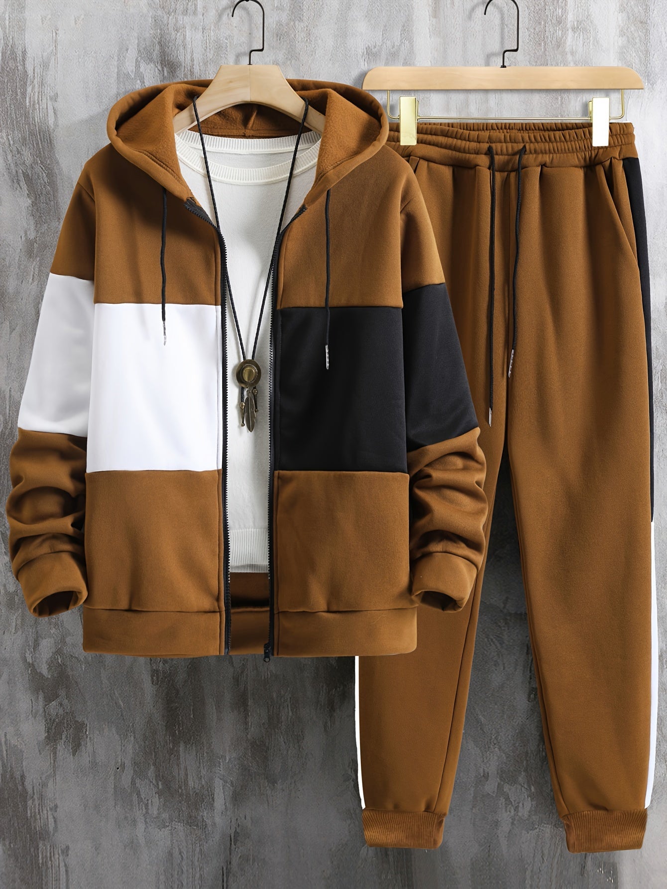 2-Piece Color Block Long Sleeve Zip Up Hooded Jacket and Drawstring Pants Set - Sweatsuits for Outdoor Enthusiasts - Water Resistant, Breathable, and Comfortable