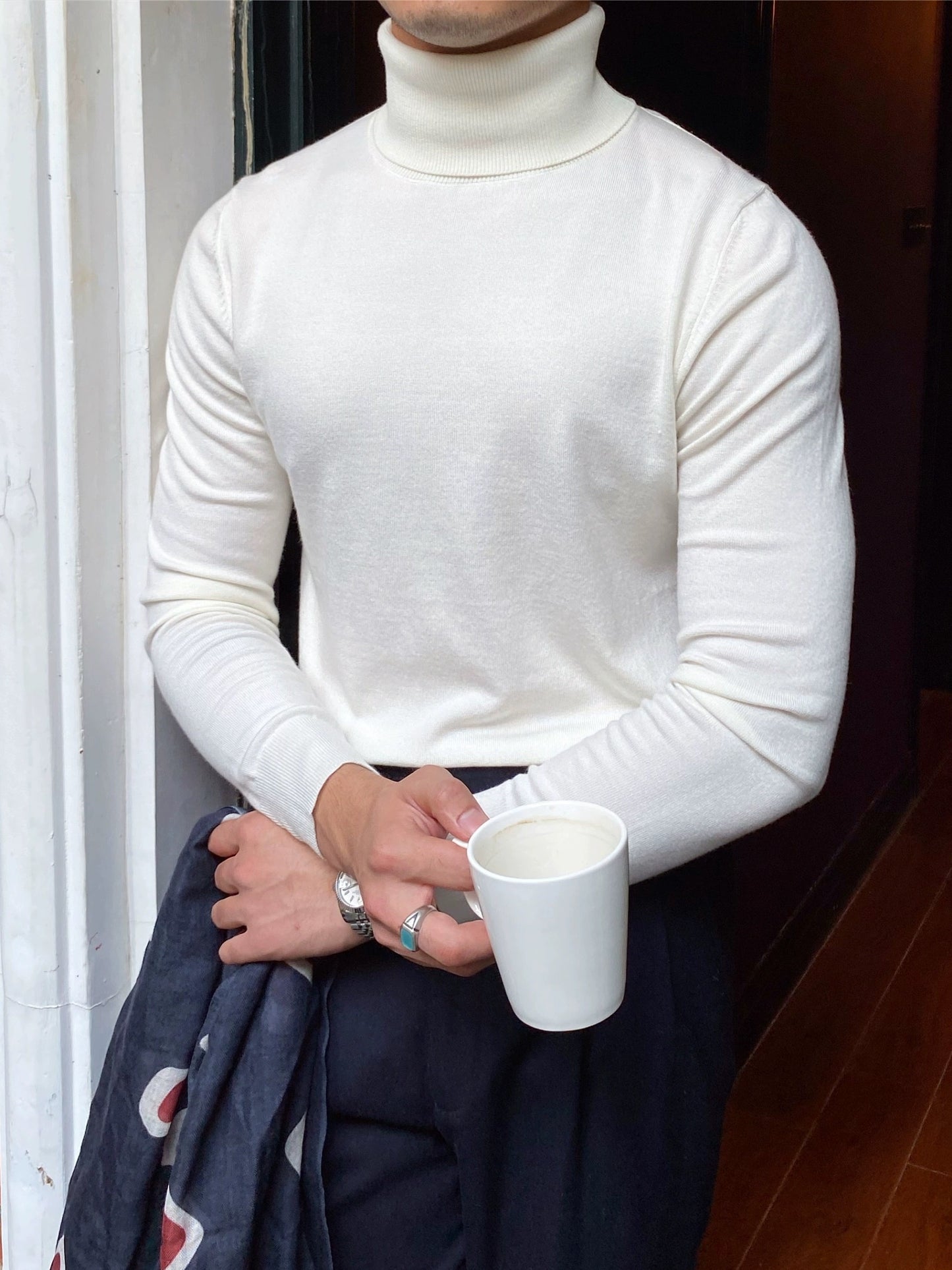 Turtle Neck Knitted Solid Sweater, Men's Casual Warm Slightly Stretch Pullover Sweater For Fall Winter