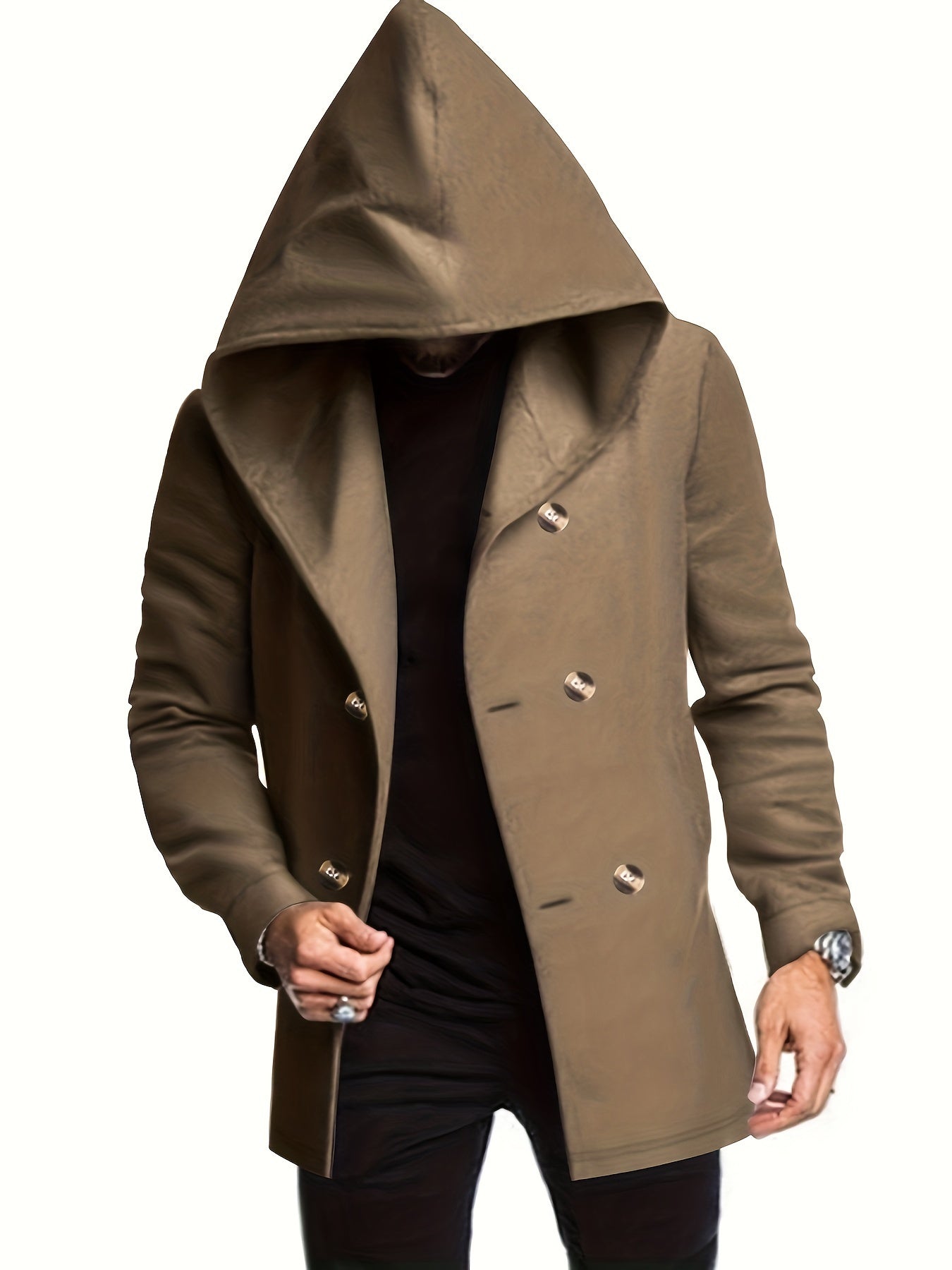 Men's Stylish Mid-Length Hooded Trench Coat - Soft Cotton Blend Knit Fabric with Slight Stretch for Comfort, Solid Color Long Sleeve Outerwear with Classic Button Details and Adjustable Cuffs for Spring/Fall Season