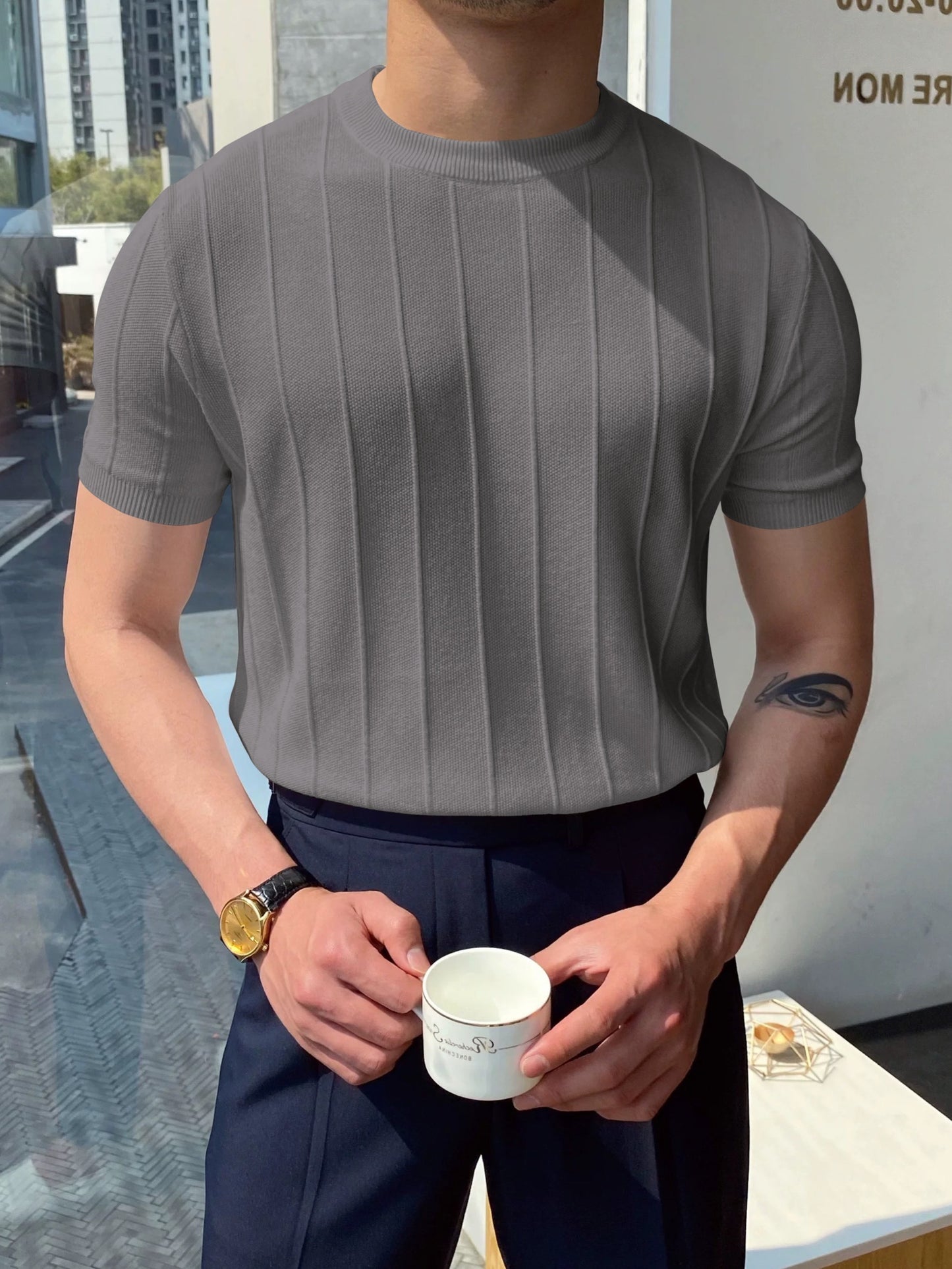 Men's Solid Striped Knitted Pullover, Casual Breathable Short Sleeve Crew Neck Sweater For Outdoor Activities