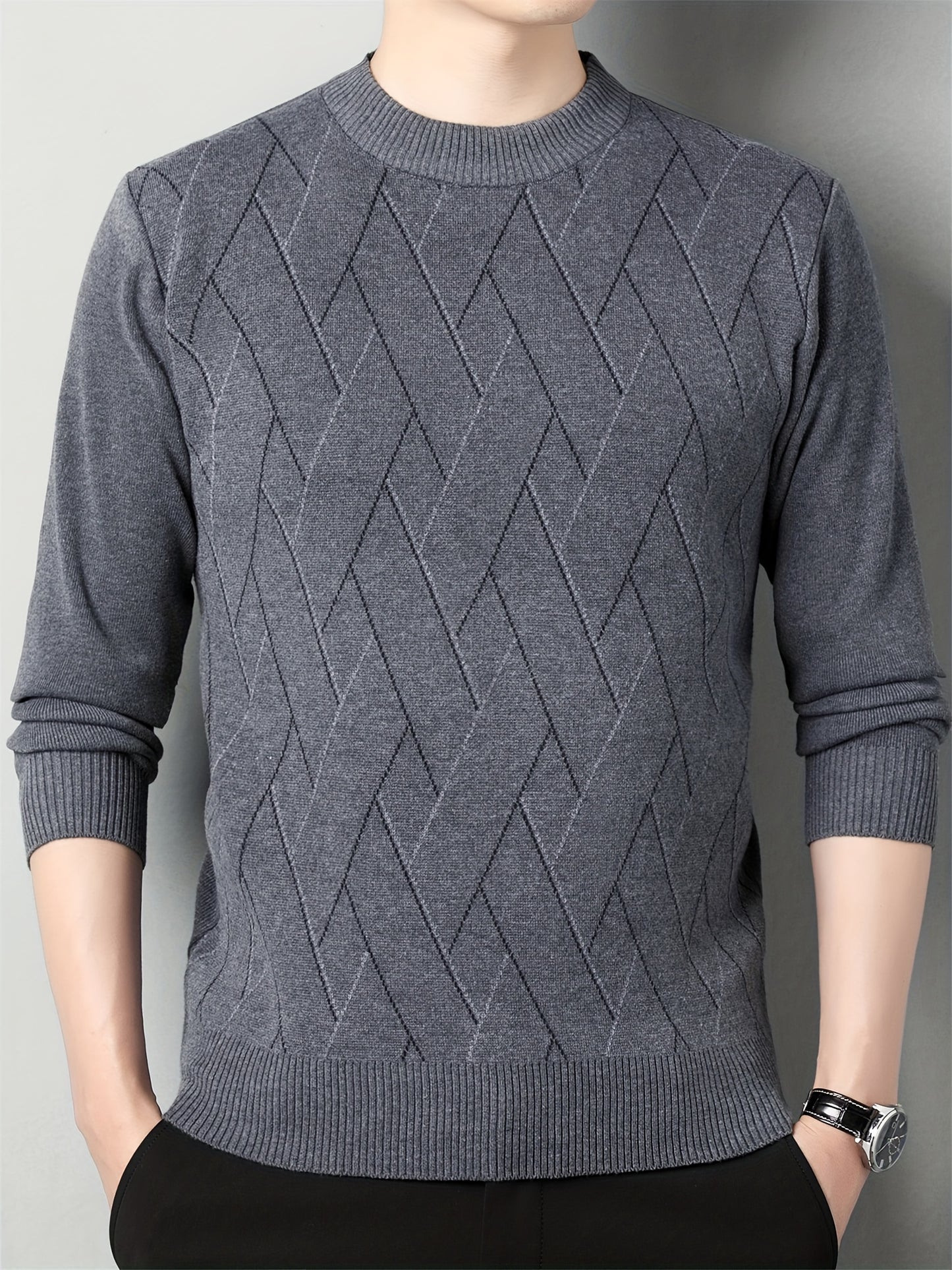 Men's Stylish Geometric Pattern Knitted Pullover, Casual Breathable Long Sleeve Crew Neck Top For City Walk Street Hanging Outdoor Activities