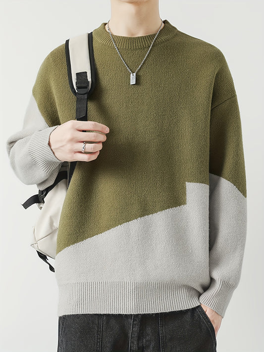 Men's Casual Color Block Sweater - Cozy Knit Pullover for Fall/Winter, Round Neck, Machine Washable, for Autumn, Spring