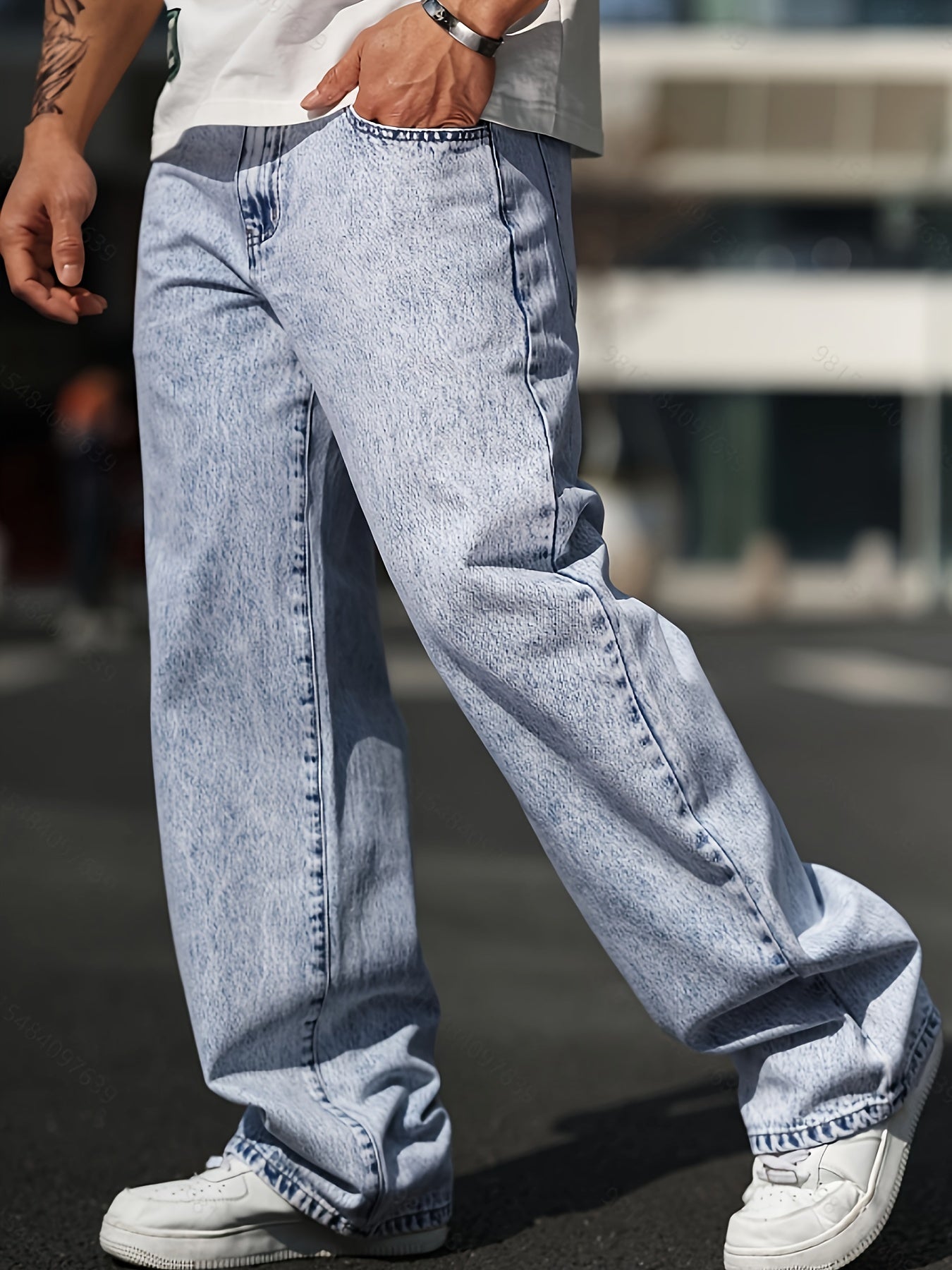 Men's Solid Wide Leg Jeans, Street Style Stylish Causal Denim Pants