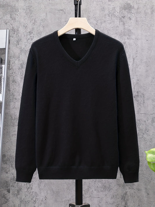 All Match Knitted Solid Sweater, Men's Casual Warm Slightly Stretch V Neck Pullover Sweater For Men Fall Winter