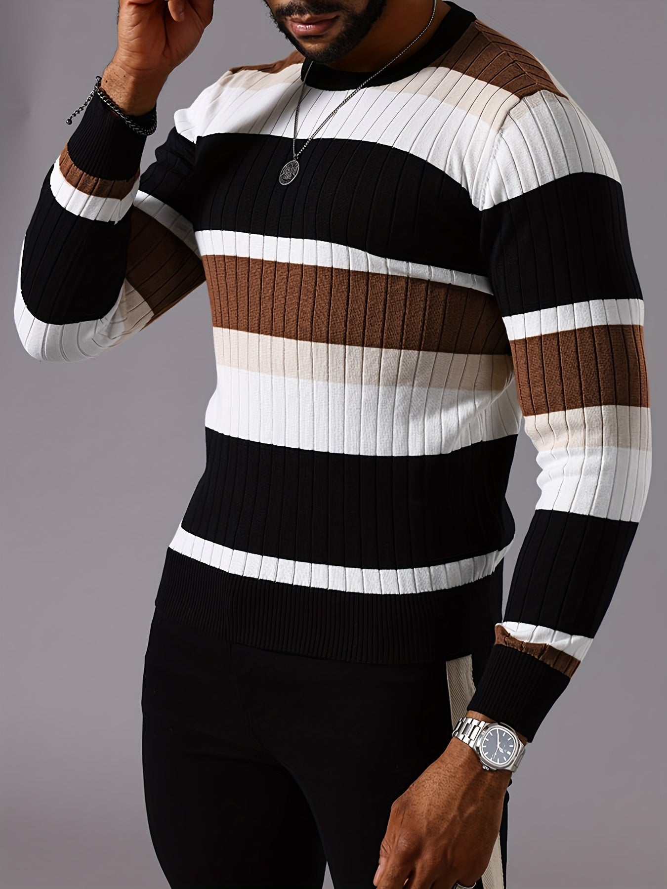 Men's Color Block Knitted Pullover, Casual Long Sleeve Crew Neck Sweater For Fall Winter