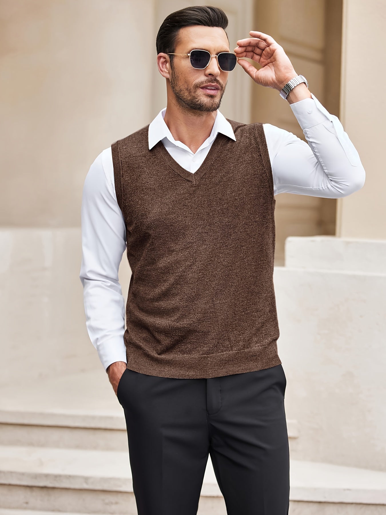 Men's V-neck Solid Casual Cotton Sleeveless Knitted Sweater Vest, Men's Clothing For Autumn Winter