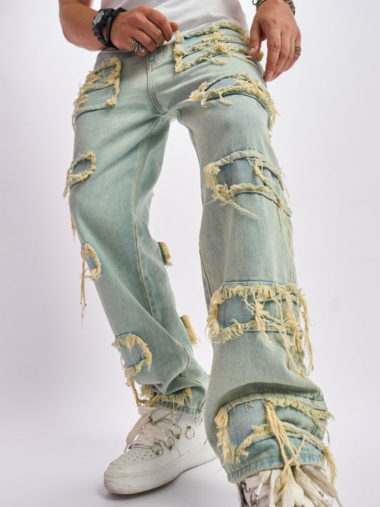 Men's Vintage Distressed Denim Jeans, Loose Fit Fringe Detailed Wide Leg Pants, Hip-Hop Street Style