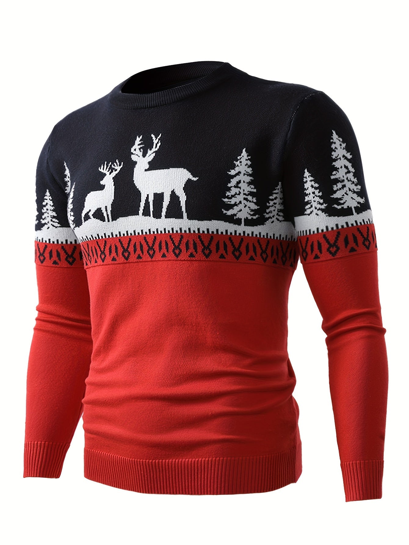 Men's Festive Christmas Reindeer Crew Neck Sweater - Cozy Polyester Blend, Perfect for Holiday Parties & Gifts