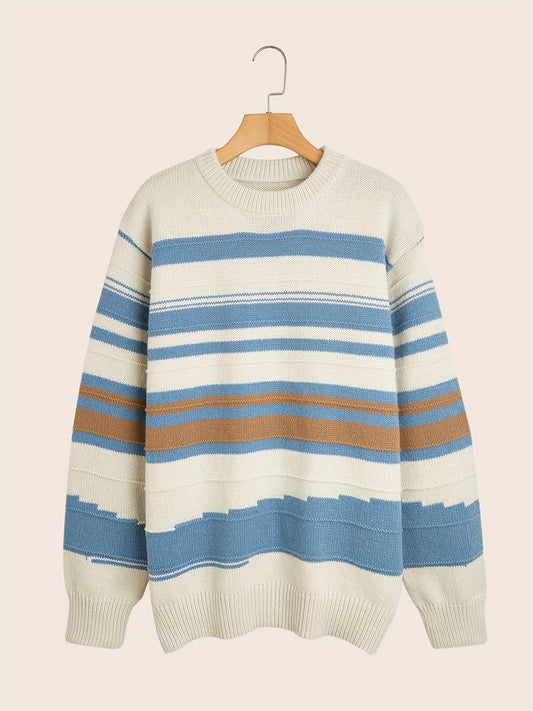 Striped Pattern Chic Sweater, Men's Casual Warm Slightly Stretch Round Neck Pullover Sweater For Fall Winter