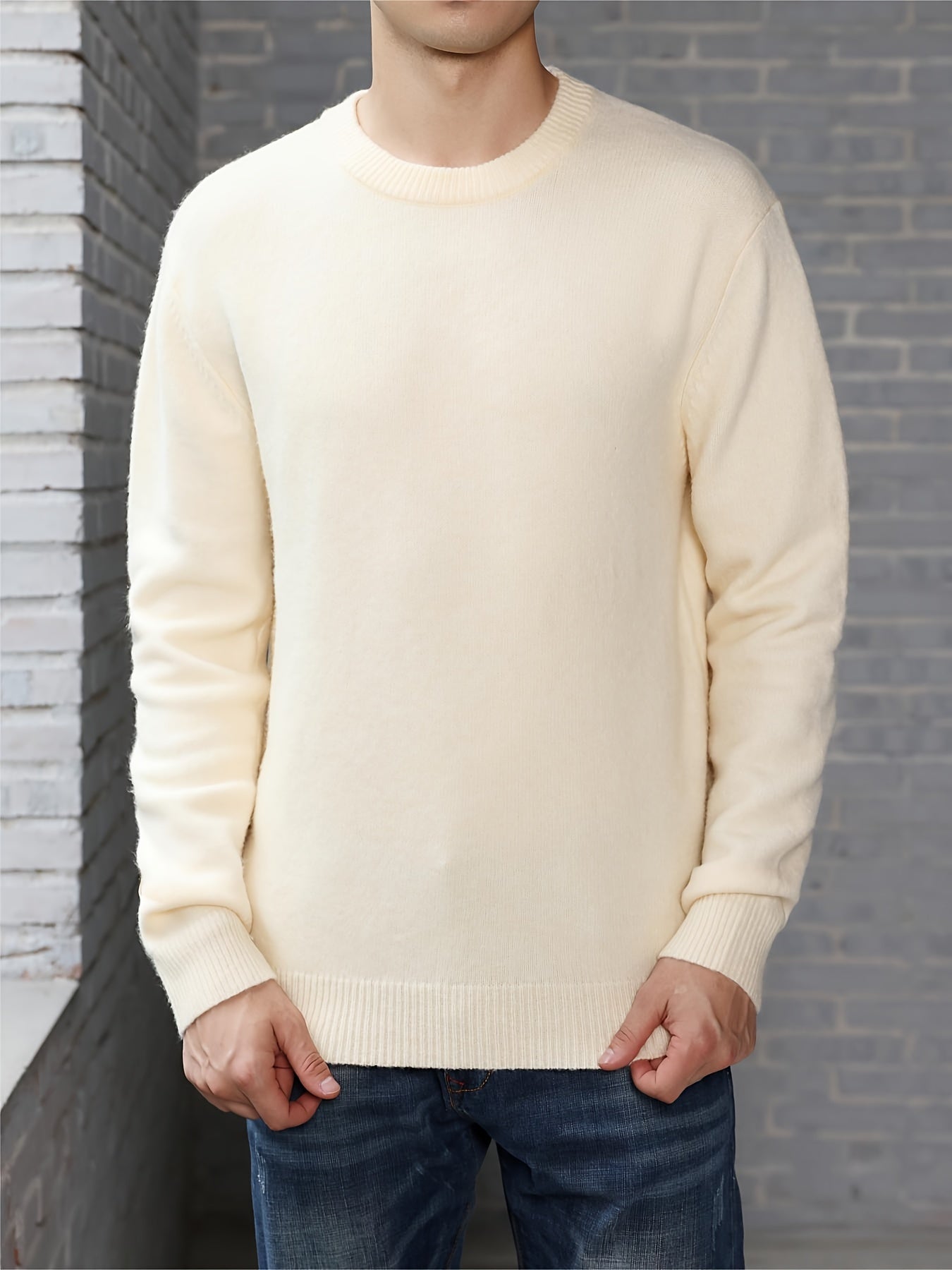 Men's Stylish Solid Knitted Pullover, Casual High Stretch Breathable Long Sleeve Crew Neck Top For City Walk Street Hanging Outdoor Activities