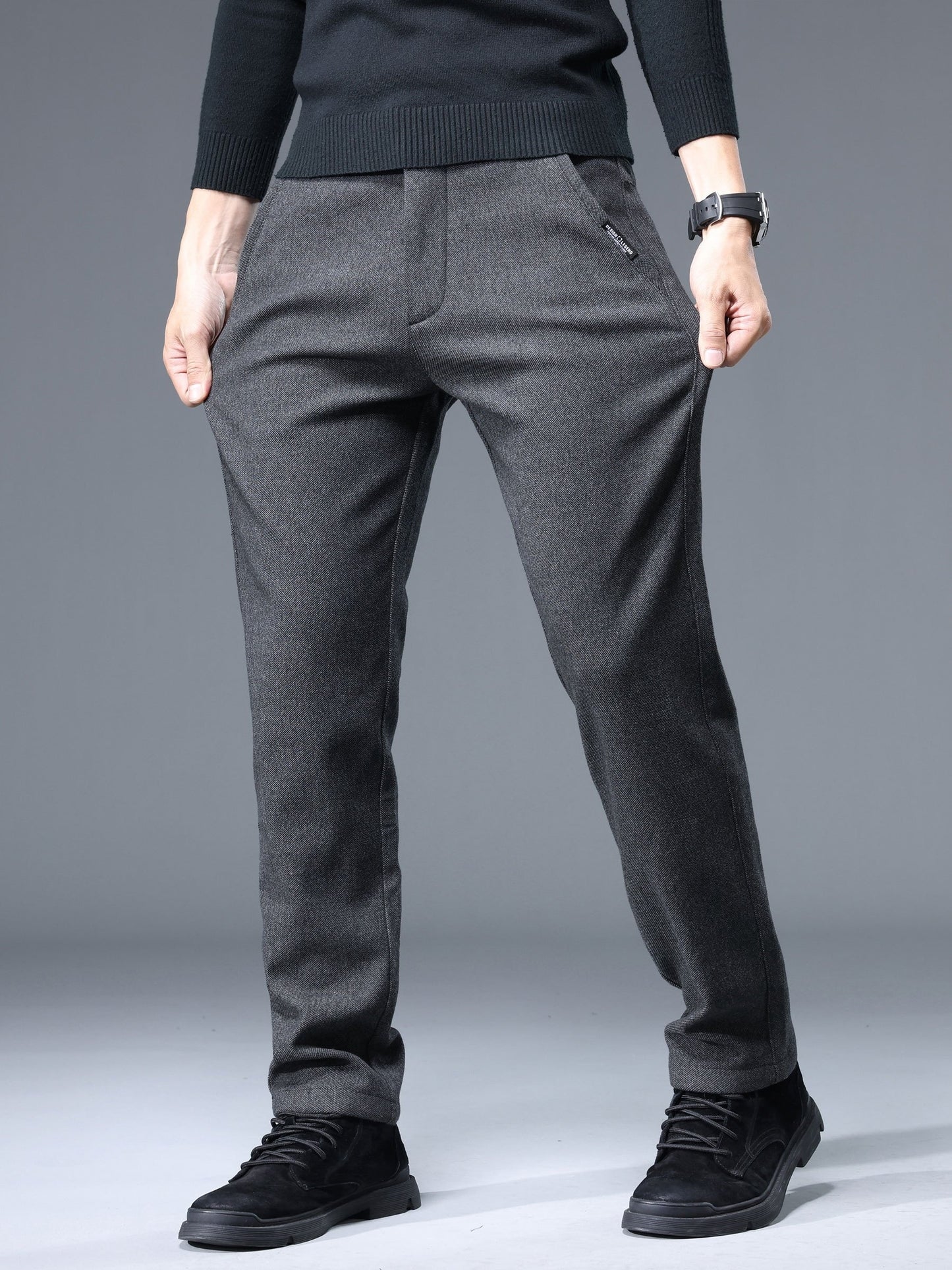 Men's Thermal Padded Slim Fit Trousers, Winter Woolen Men's Pants, Korean Style Business Casual, Polyester Blend, Regular Length, Zipper Closure, Straight Leg, Mid-Waist, Embroidery Detail