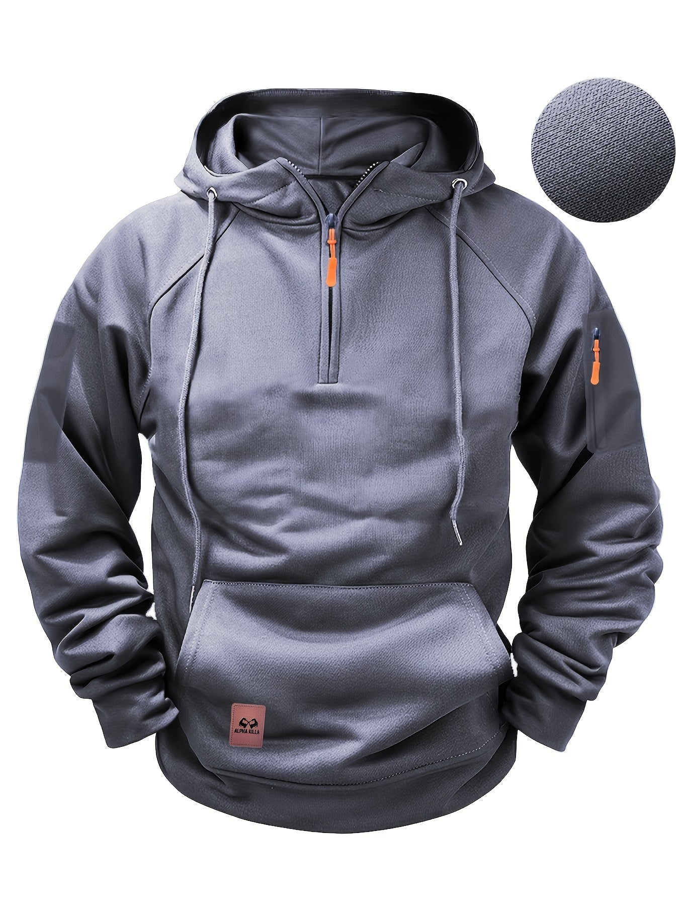 Men's Polyester Henley Hooded Sweatshirt with Pockets, 100% Polyester Knit Fabric, Long Sleeve Solid Color Sports Pullover, Regular Fit Casual Top for Spring/Fall