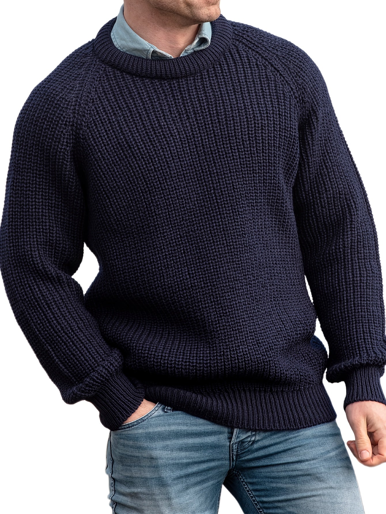 Long Sleeve Men's Solid Knitted Crew Neck Casual Pullover Sweater For Fall Winter