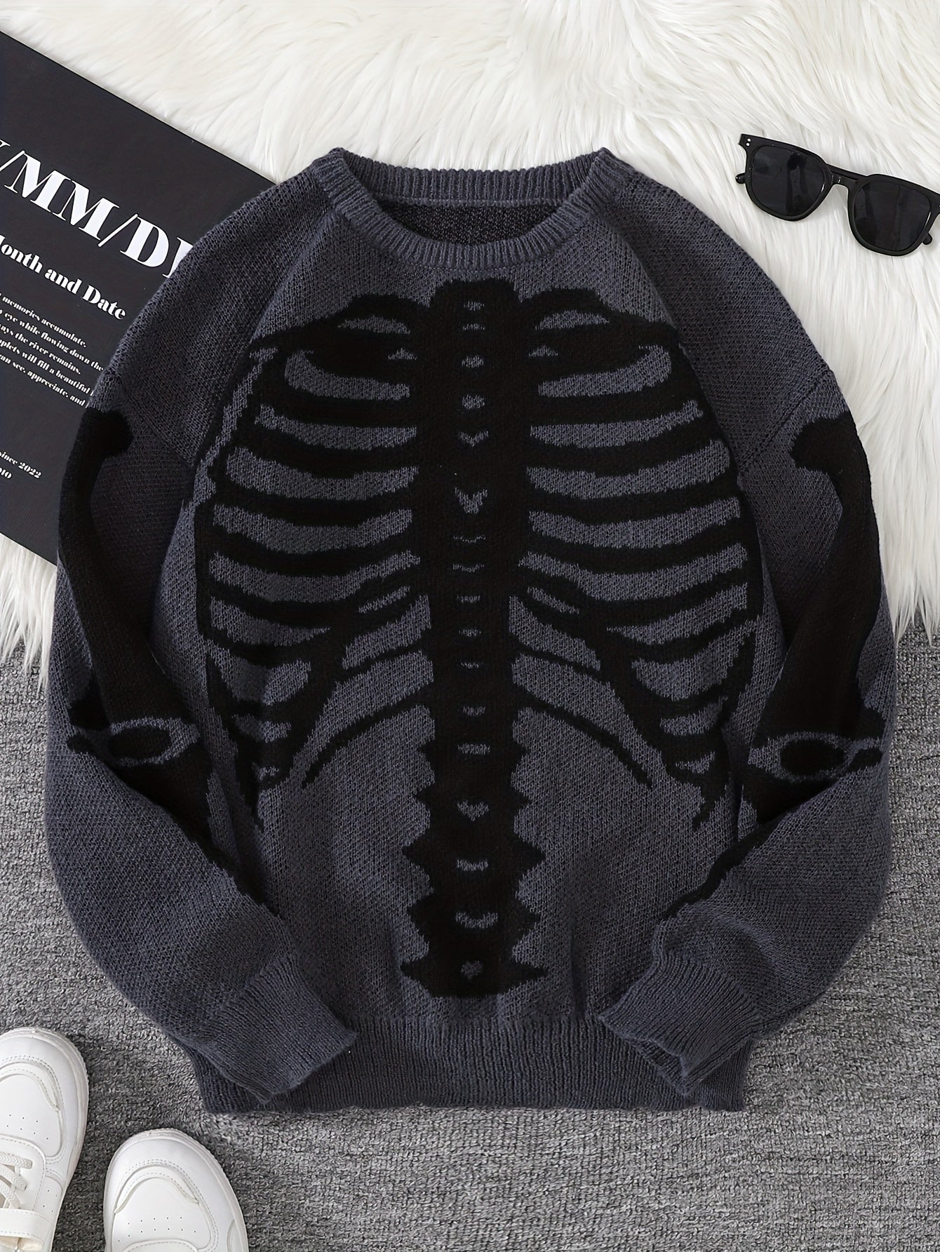 Stylish Skeleton Knit Sweater - Soft, Breathable, Round Neck, Long Sleeve Pullover with Unique Jacquard Design for Men - Perfect for Fall and Winter Seasons