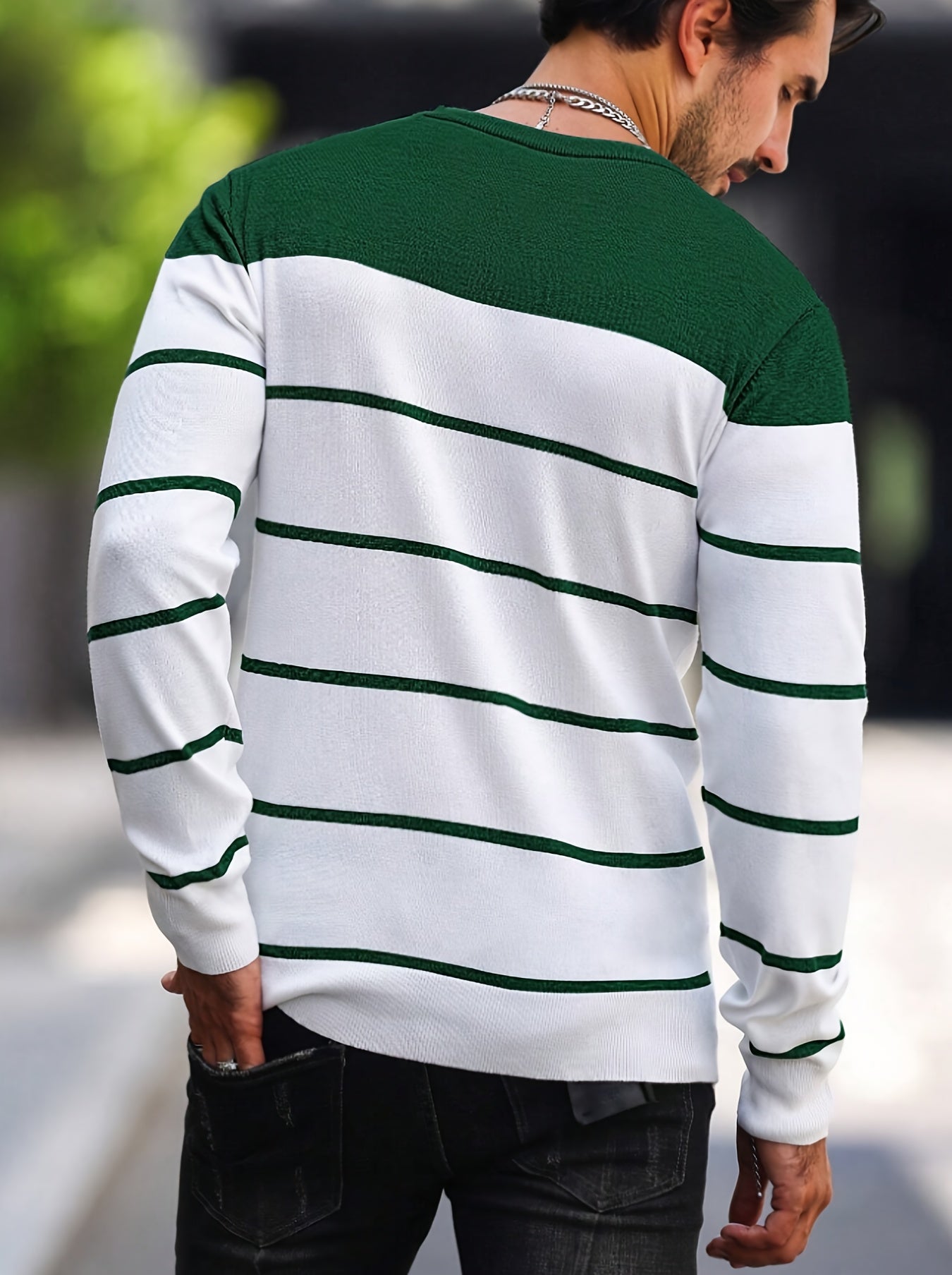 Men's Striped Knitted Pullover, Casual Long Sleeve Crew Neck Sweater For Fall Spring