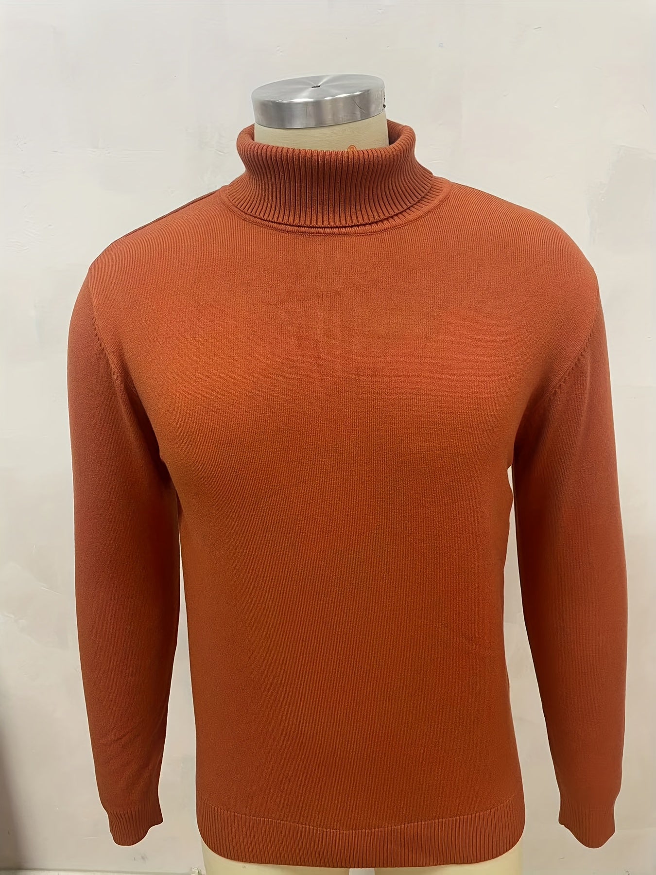 Turtle Neck Knitted Solid Sweater, Men's Casual Warm Slightly Stretch Pullover Sweater For Fall Winter