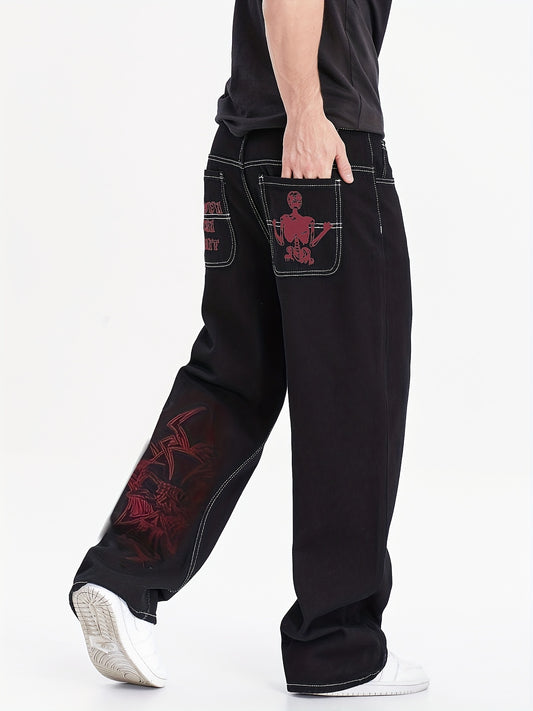 Men's Stylish Wide-Leg Jeans with Embroidered Detail - Loose Fit, Cotton Blend, Machine Washable - Black & Red Contrast