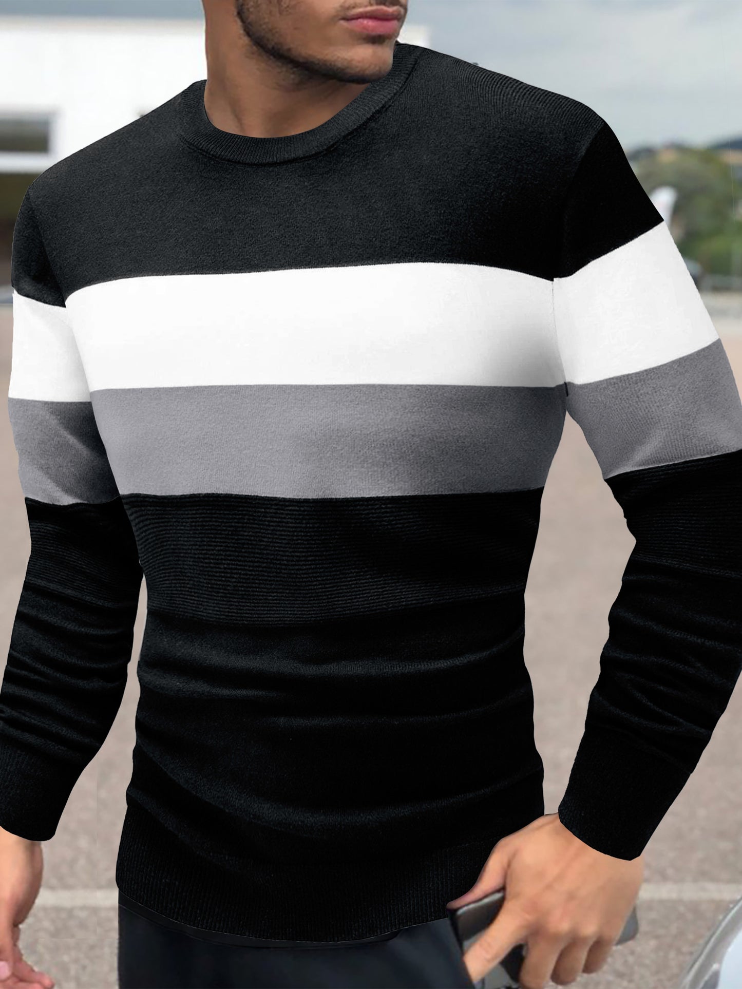 1pc, Men's Color Block Striped Knit Sweater With Crew Neck And Long Sleeves, Casual And Trendy Tops For Autumn And Winter Daily And Casual Wear