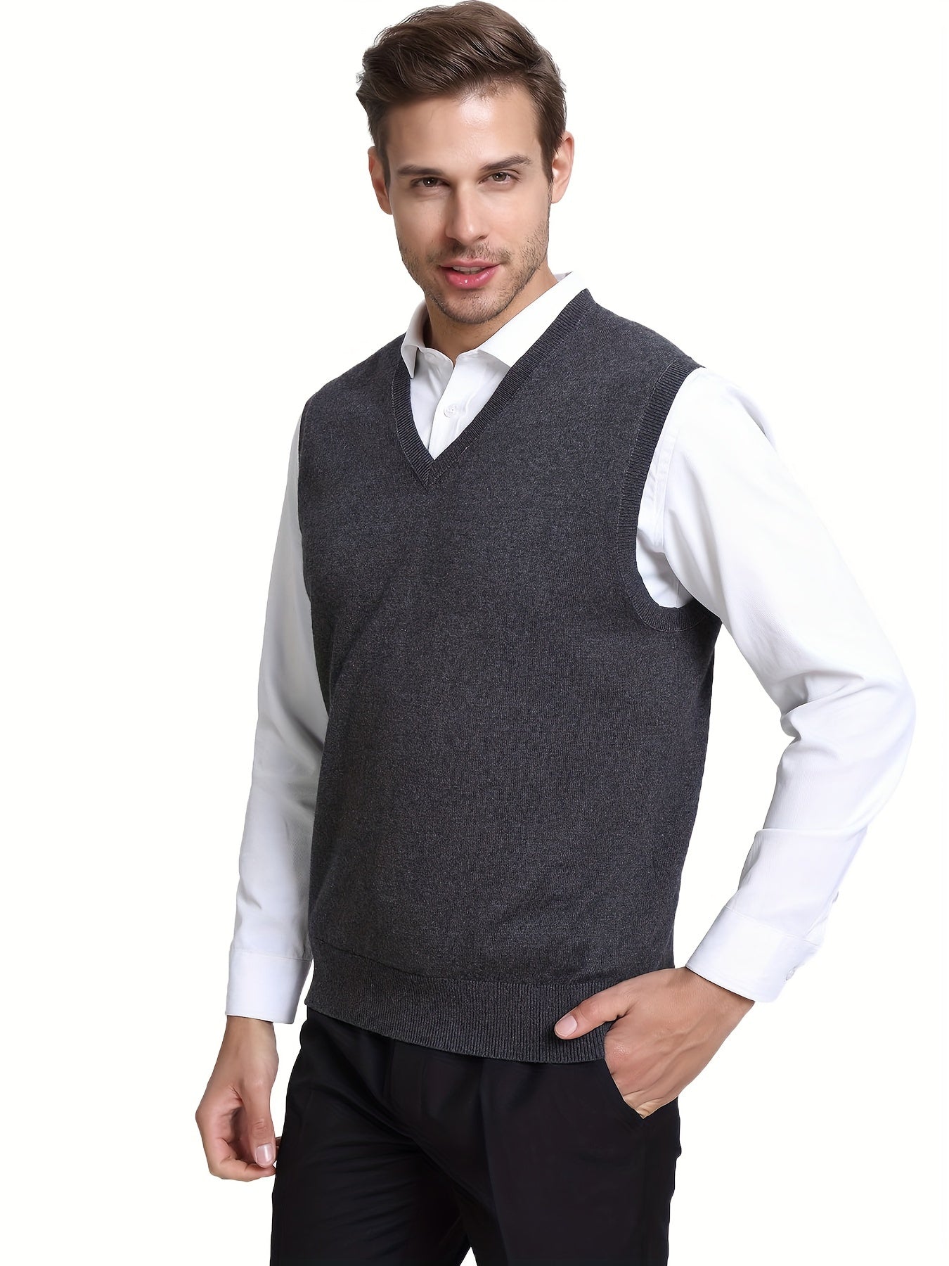 Classic Design Men's Solid Knit V-neck Sleeveless Sweater Vest, Chic And Trendy For Spring And Autumn Daily Leisurewear