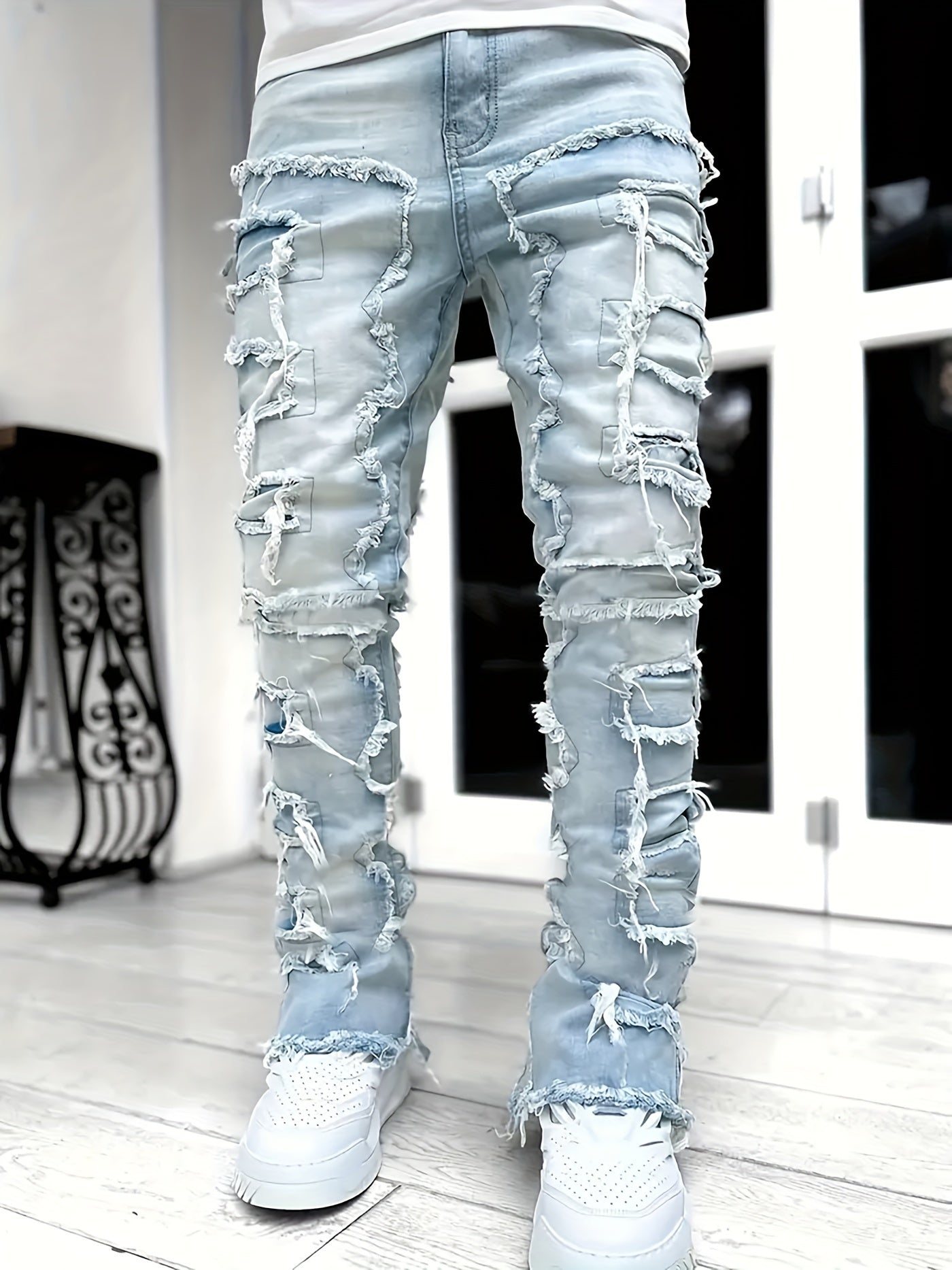 Y2k Inspired Mens Stretch Denim Jeans - Hip Hop Raw Trim, Comfortable Casual Street Style Pants