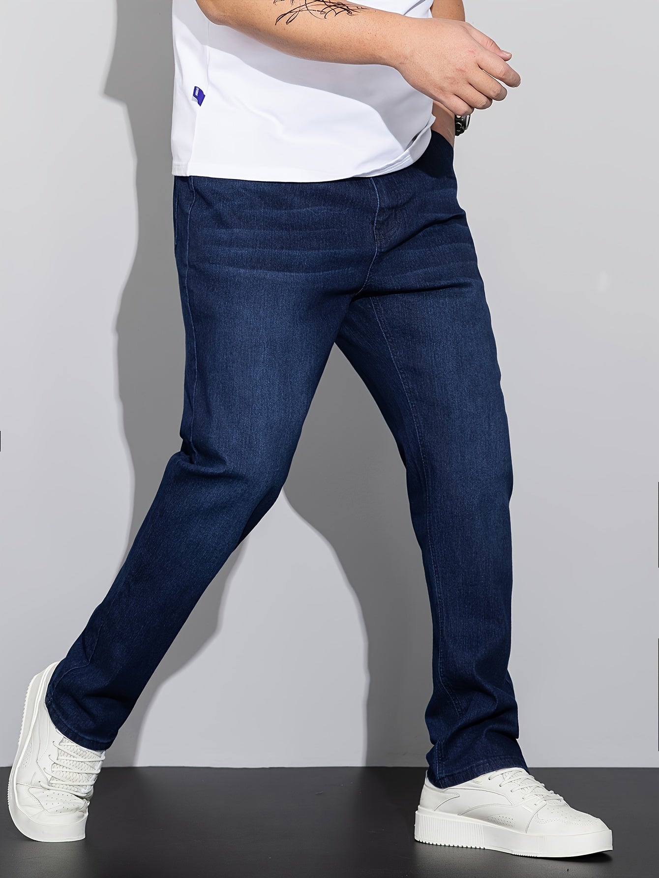 Plus Size Men's Fashionable Solid Denim Pants - Trendy Casual Street Style Jeans with Comfortable Fit, Stretchy Fabric, and Classic Five-Pocket Design for Spring and Fall Seasons