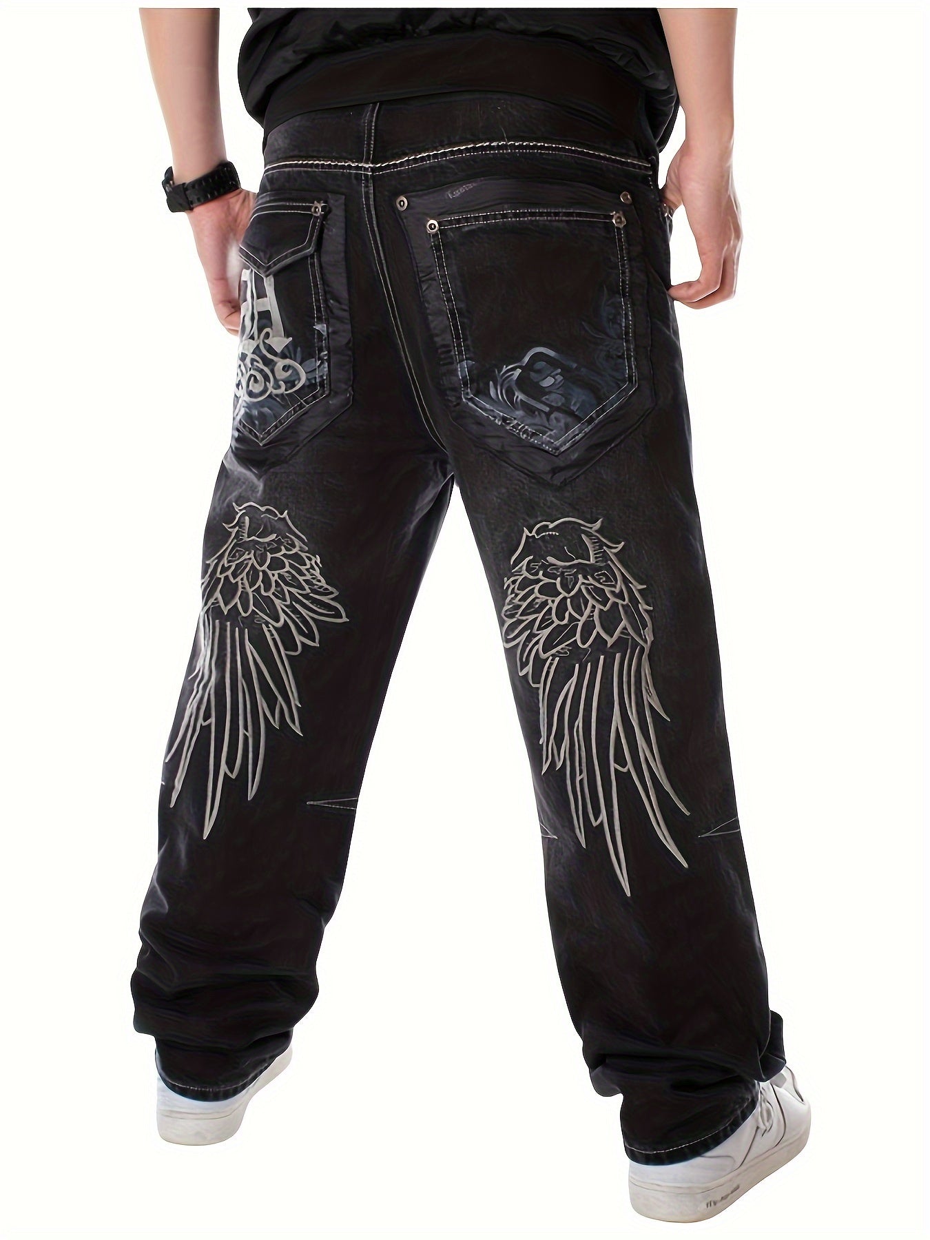 Mens Vintage Embroidered Jeans - Loose Fit, Straight Leg, Hip Hop Dance Style - Durable Denim, All-Season Comfort