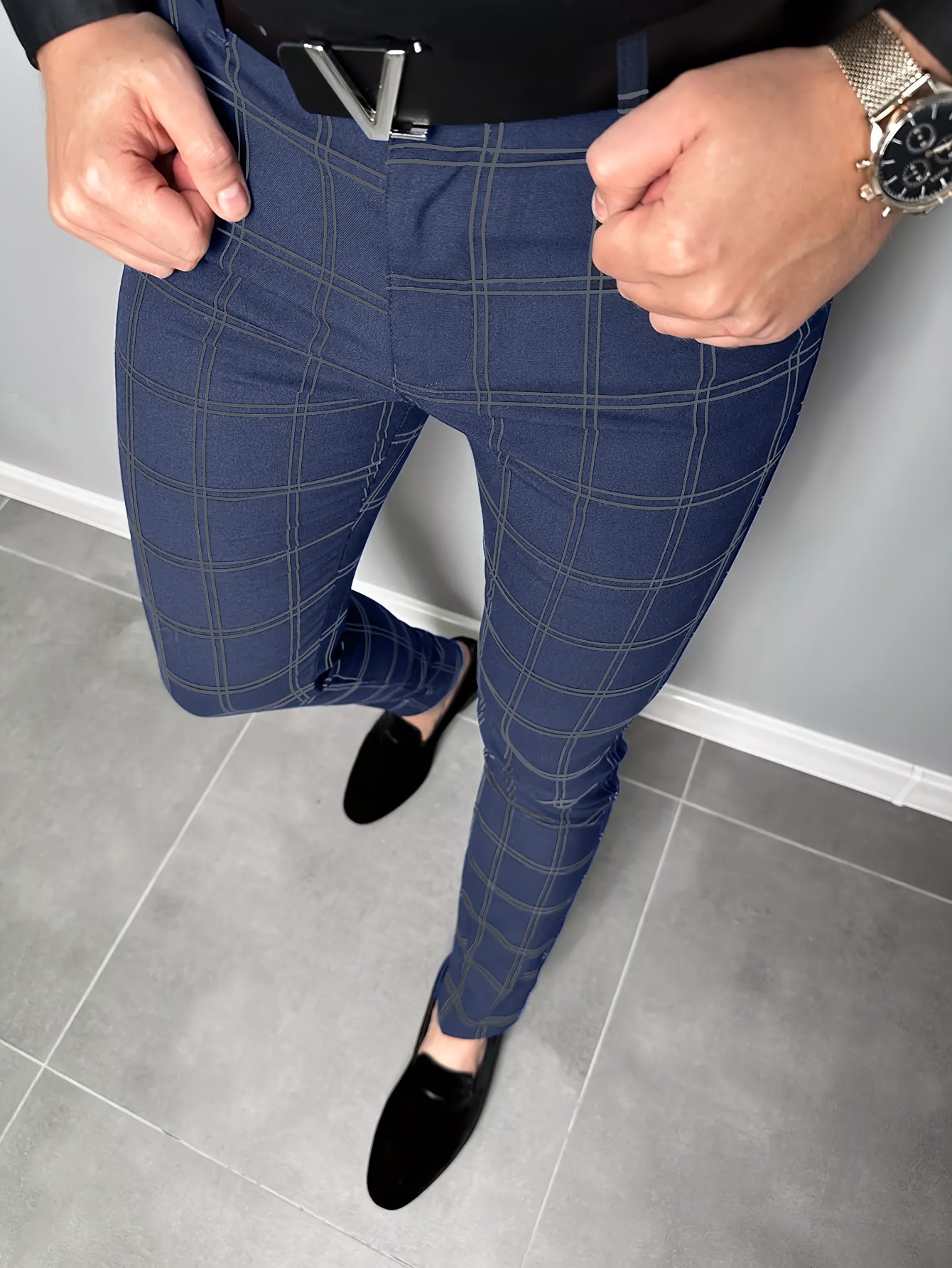 Mens Plaid Slim-Fit Dress Pants - Comfort Stretch, Vintage-Inspired Casual to Business Attire