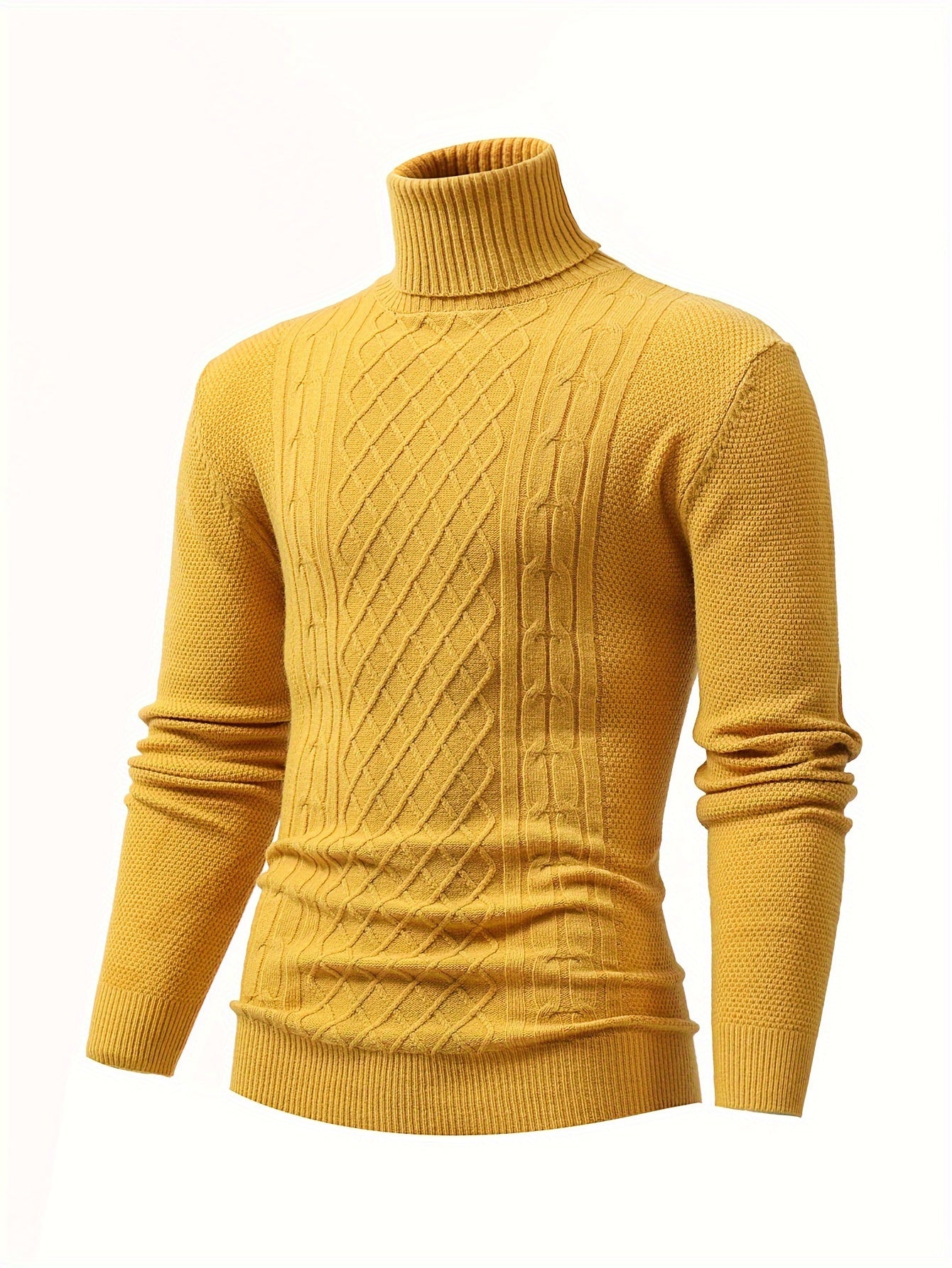 Turtle Neck Knitted Cable Sweater, Men's Casual Warm Solid High Stretch Pullover Sweater For Fall Winter