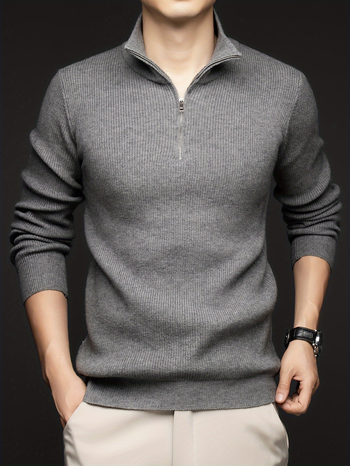 Long Sleeve Men's Solid Knitted Turtle Neck Half Zipper Casual Pullover Sweater For Fall Winter