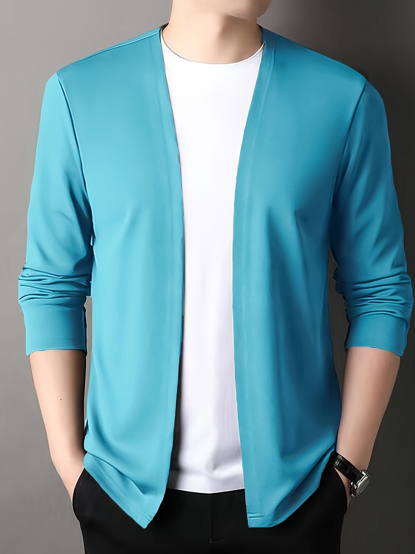 Men's Solid Knitted Cardigan, Casual Breathable Long Sleeve Slim-fit Open Front Sweater For Outdoor Activities