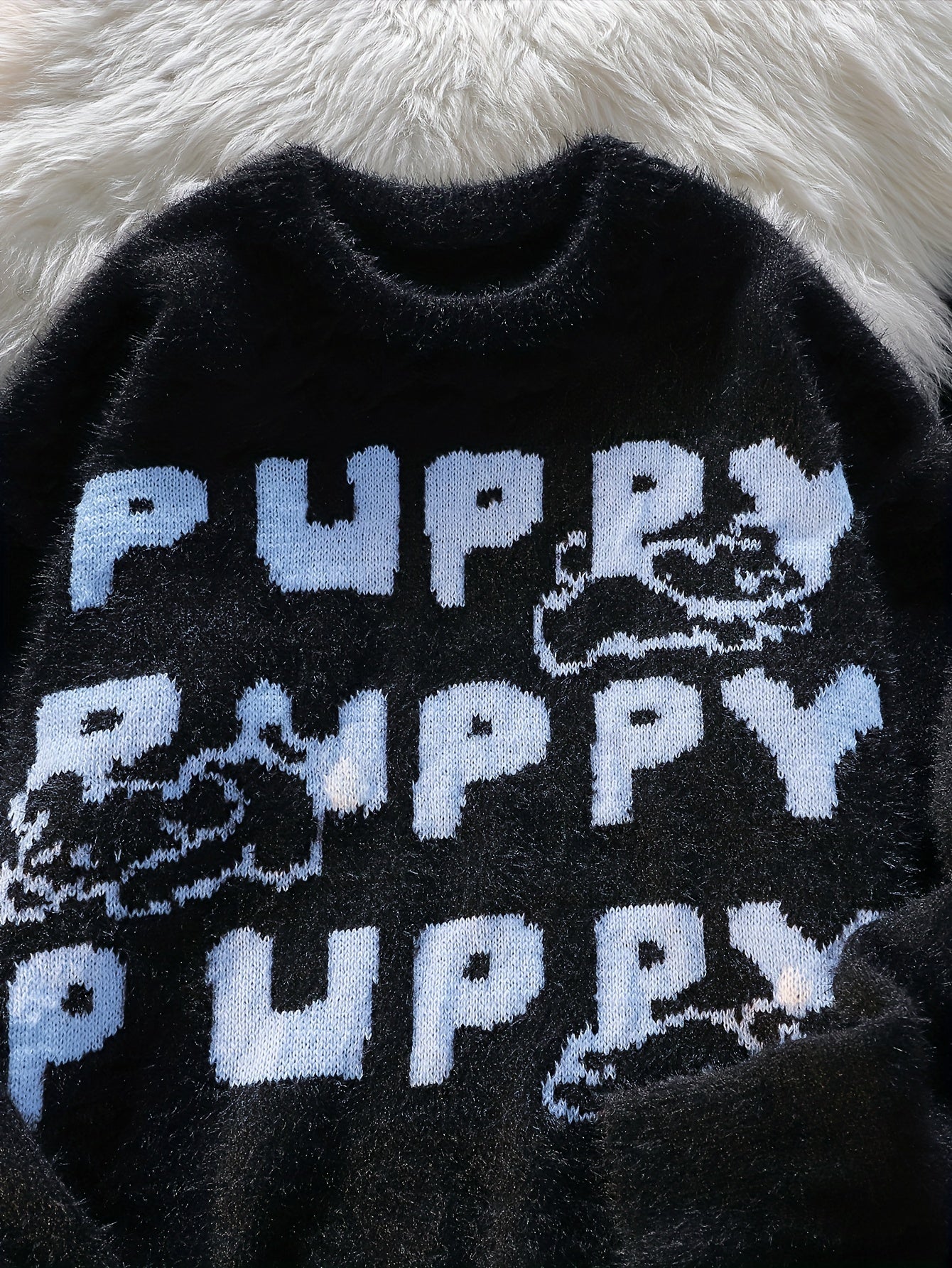 Casual Polyester Knit Sweater with Cartoon Puppy Print - Crew Neck, Medium Stretch, Loose Fit Pullover for Adults - Fall/Winter Season Color Block Alphabet Pattern Jumper